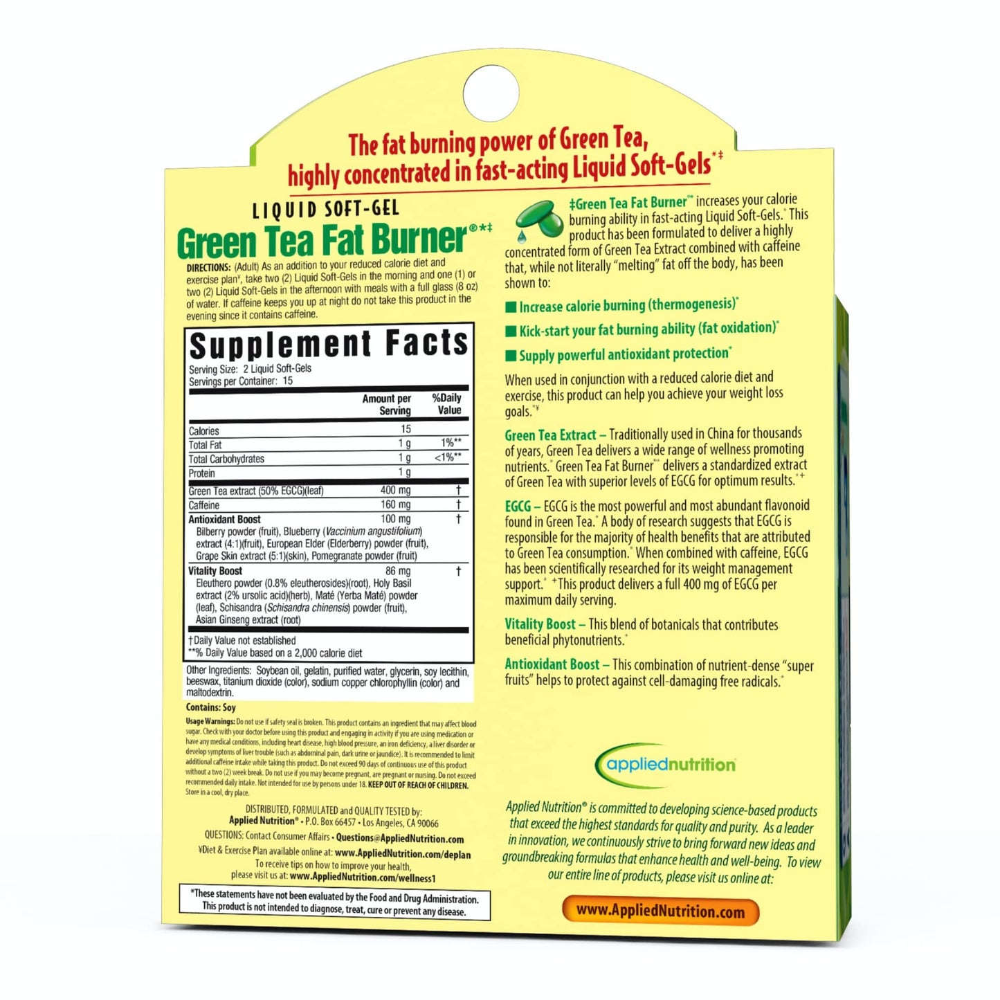 Applied Nutrition Green Tea Fat Burner supplement facts label
