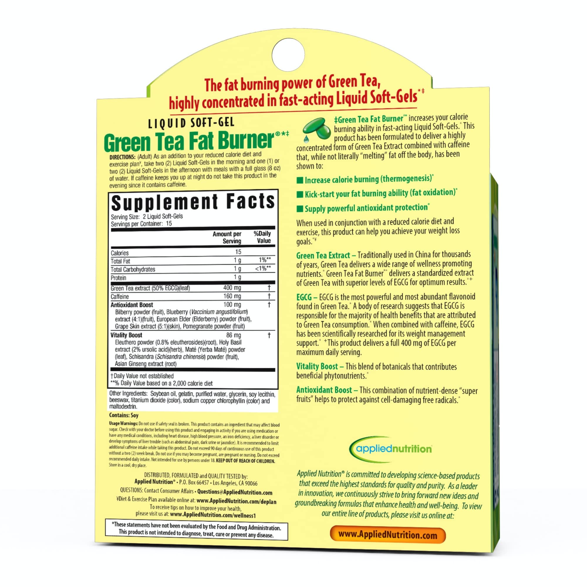 Applied Nutrition Green Tea Fat Burner supplement facts label