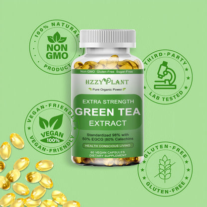 Hzzyplant green tea extract bottle with wellness context
