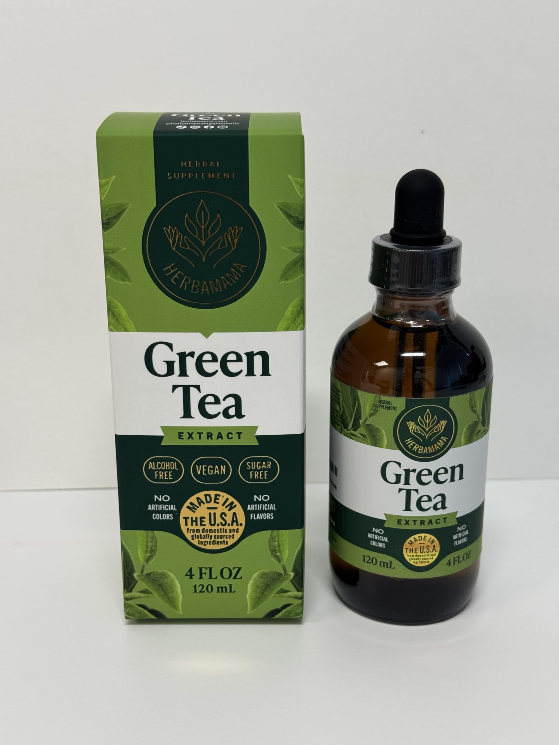 Herbamama liquid green tea supplement dropper bottle label