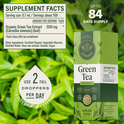 Side profile of Herbamama green tea extract tincture bottle