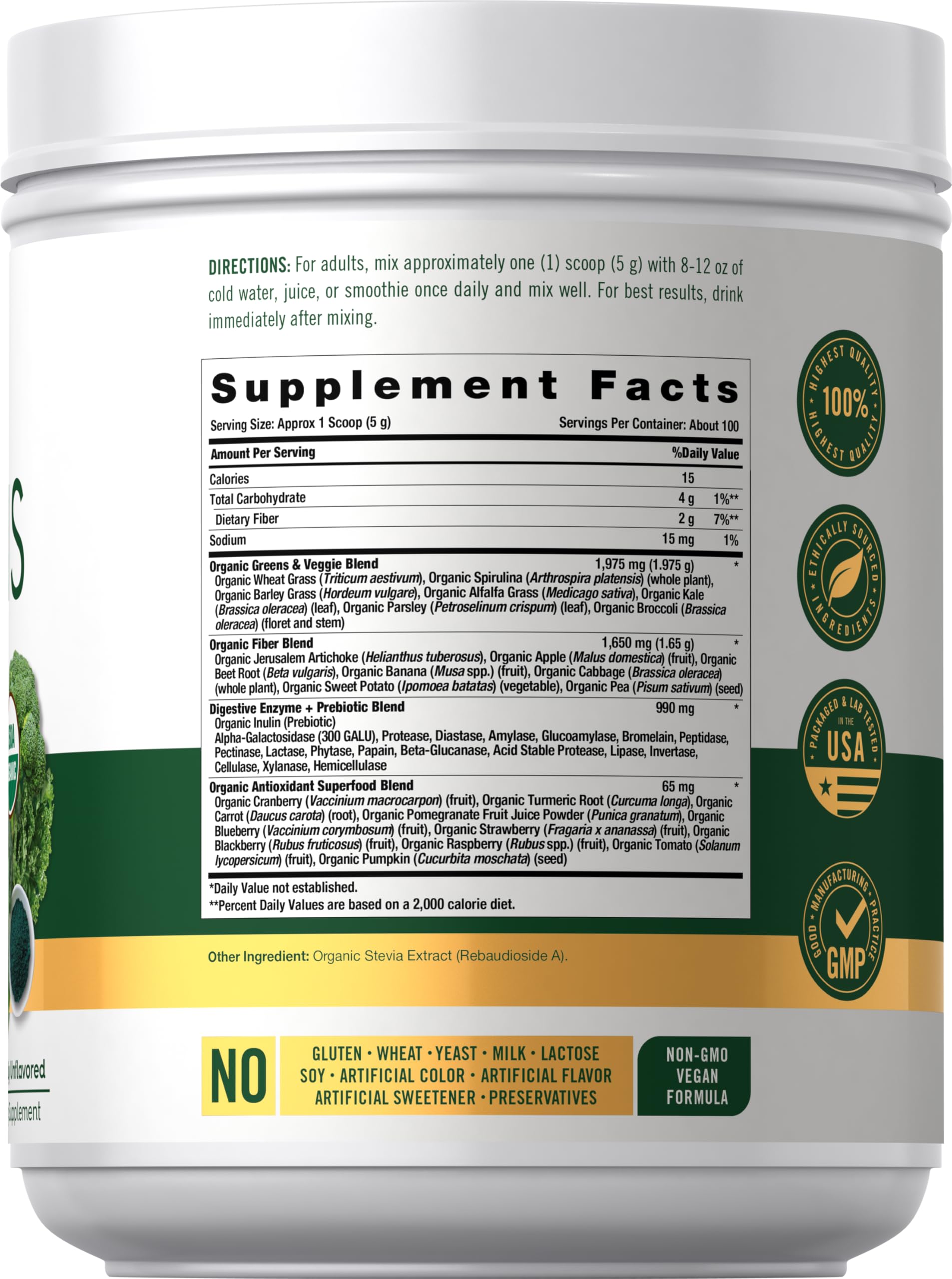 Carlyle Organic Greens supplement facts label