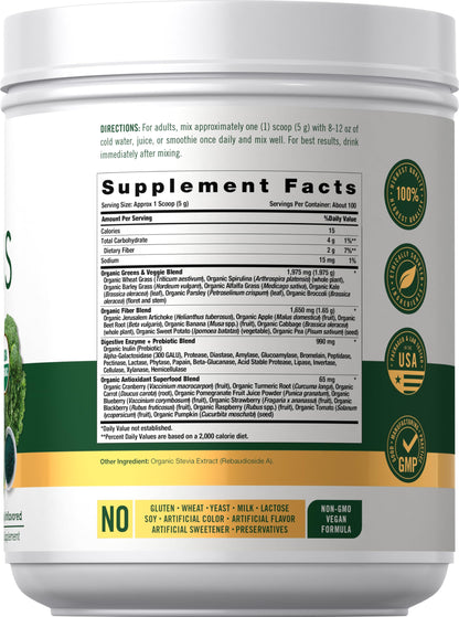 Carlyle Organic Greens supplement facts label