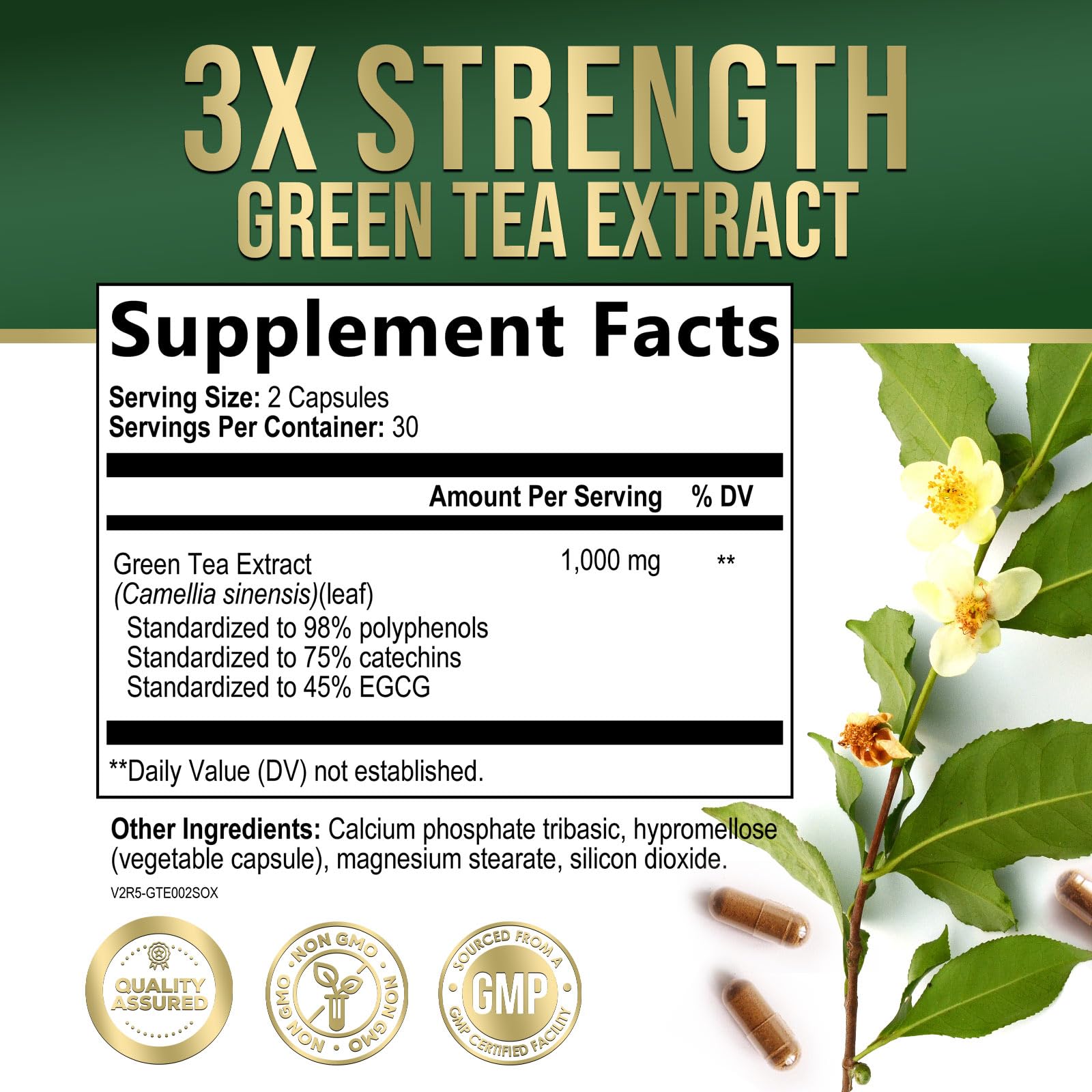 Natures Nutrition Green Tea Extract supplement label details