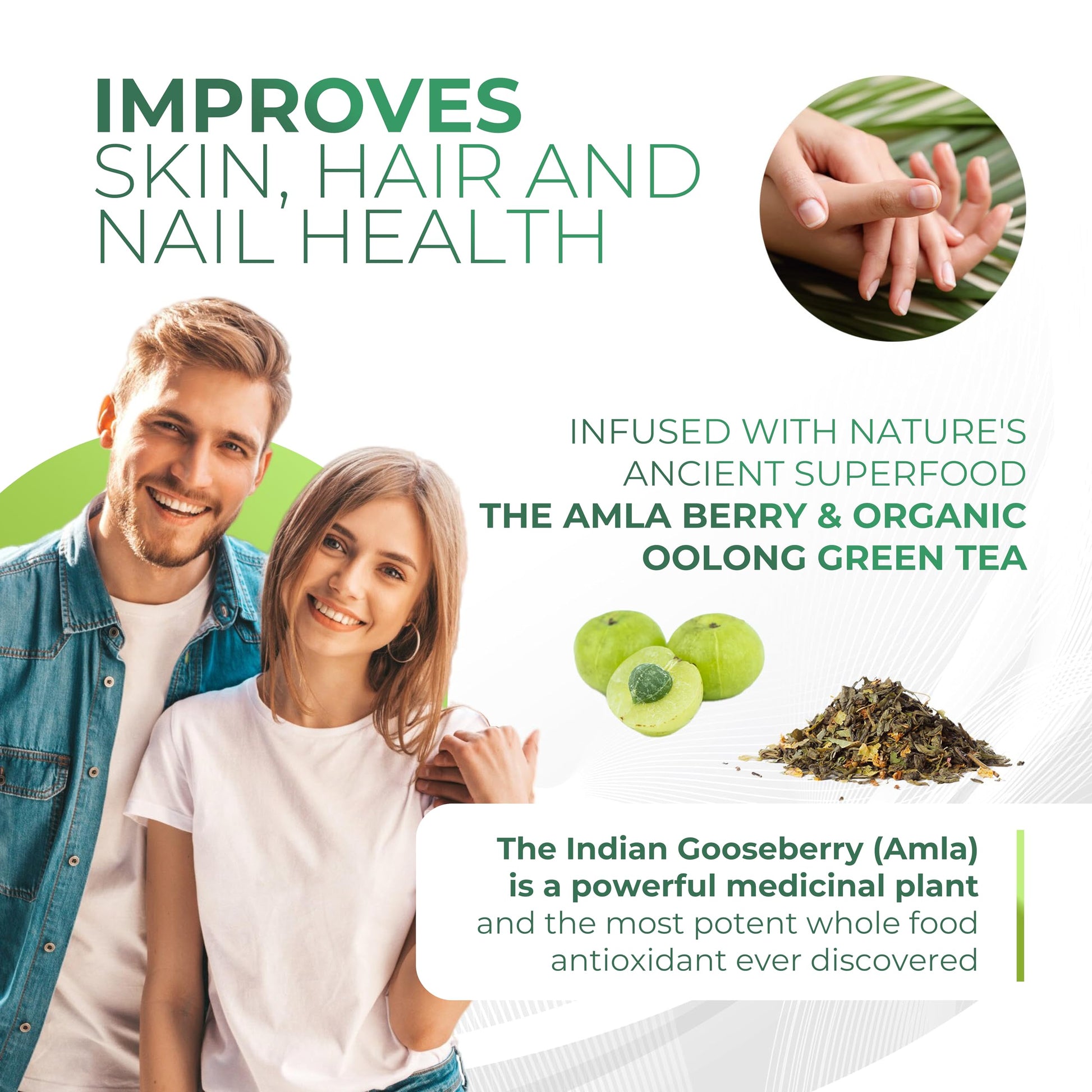 Scoop of Amla Green tea powder supplement showing texture