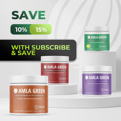 Amla Green powder being added to a morning smoothie bowl