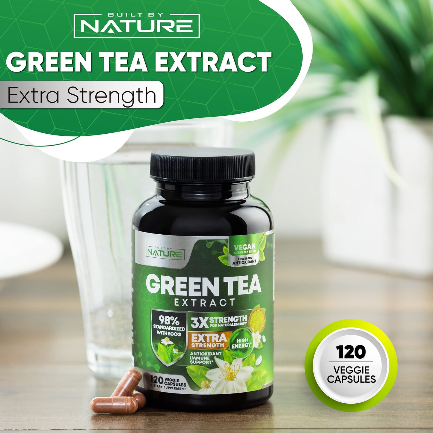 Side profile of Built By Nature 120 capsule supplement bottle