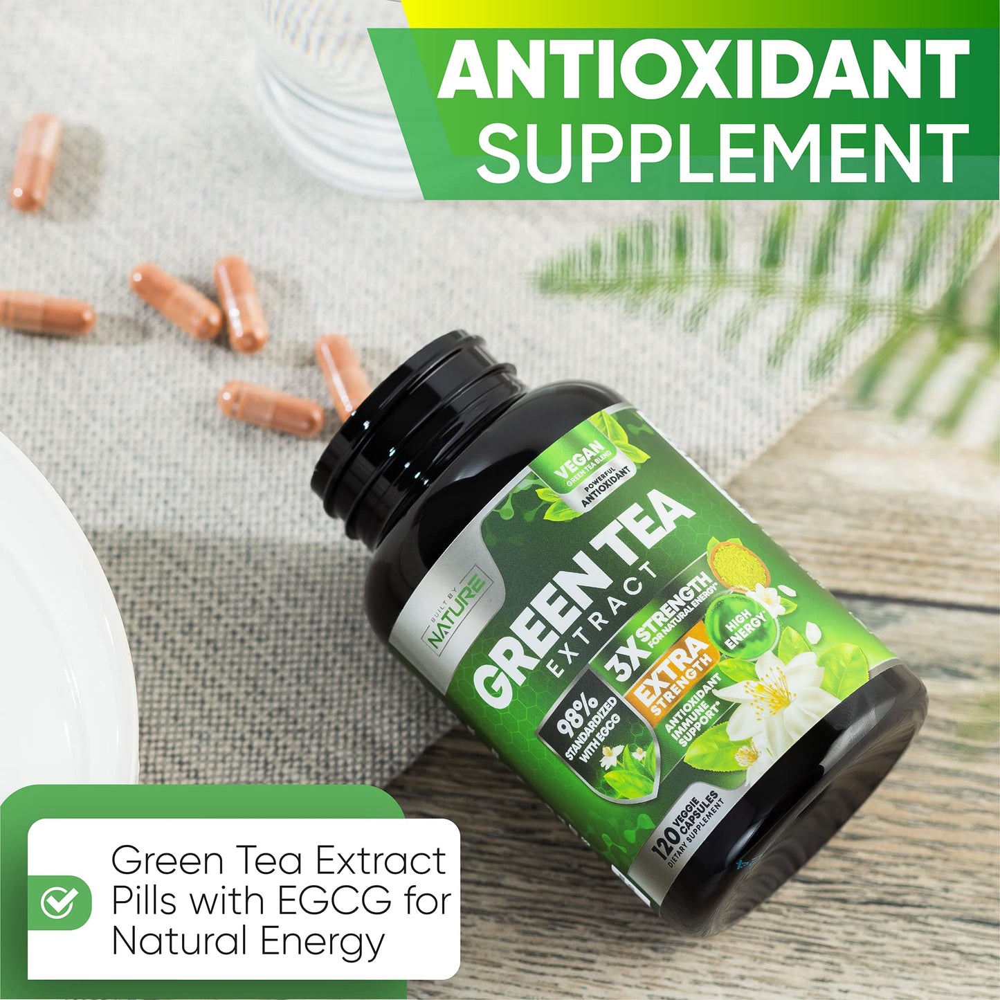 Close up of Built By Nature green tea extract veggie capsules
