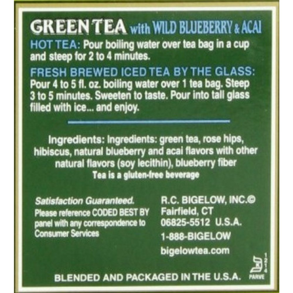 Bigelow Green Tea with Wild Blueberry and Acai individually wrapped tea bags