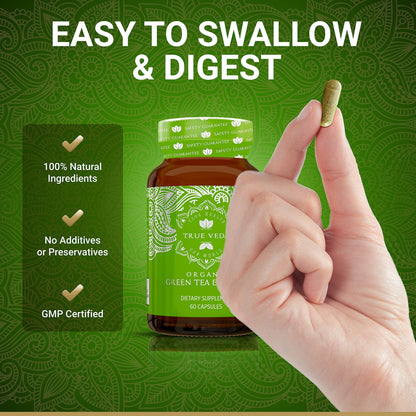 Close up of True Veda green tea extract plant-based capsules