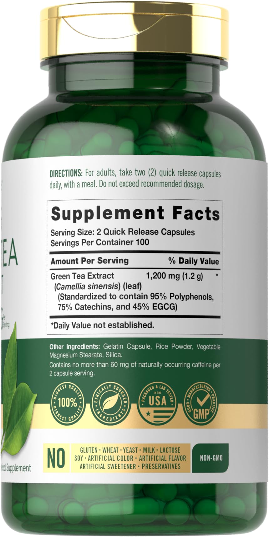 Carlyle green tea extract 200 capsules bottle side profile