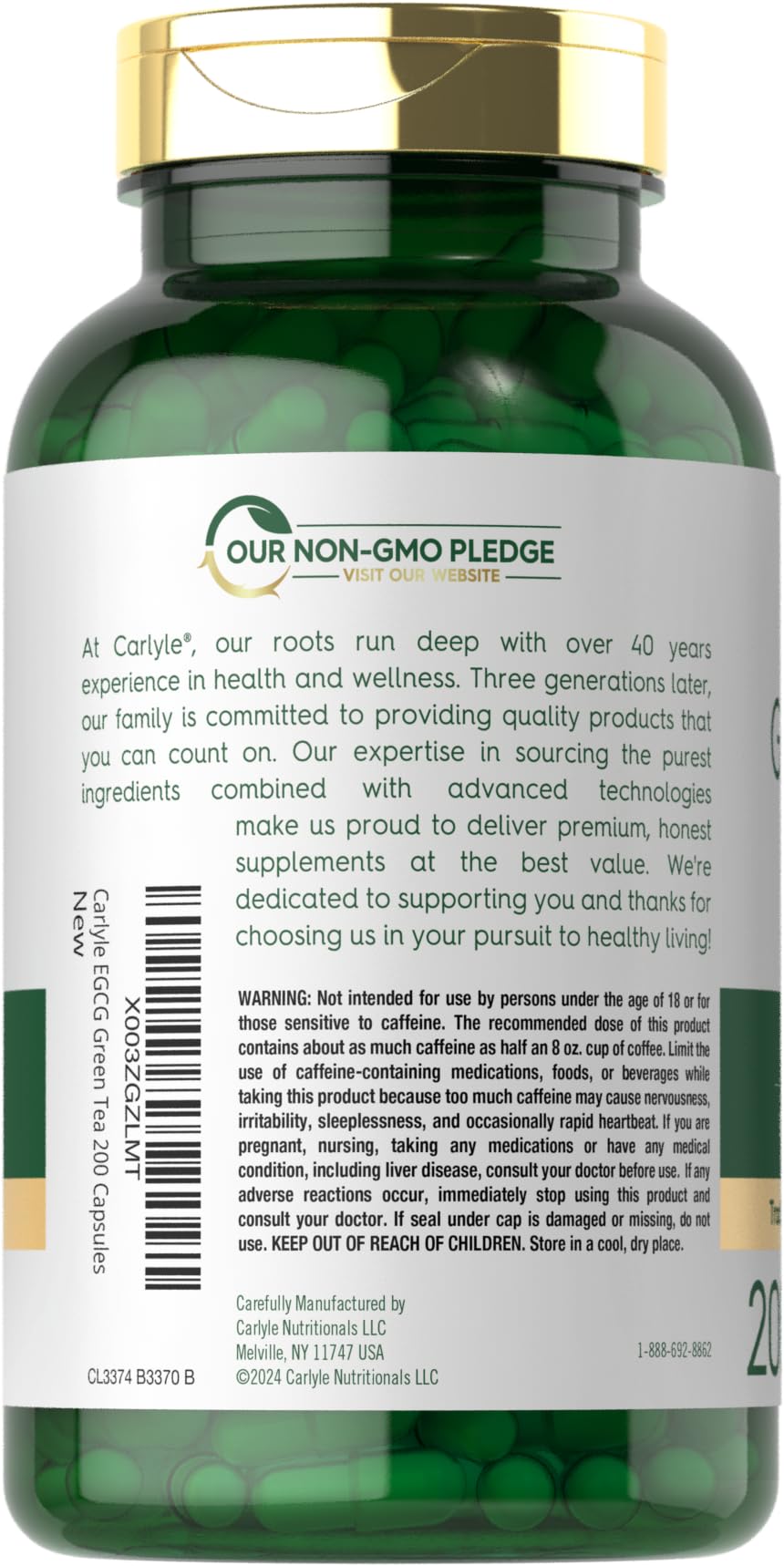 Supplement facts label of Carlyle EGCG green tea extract