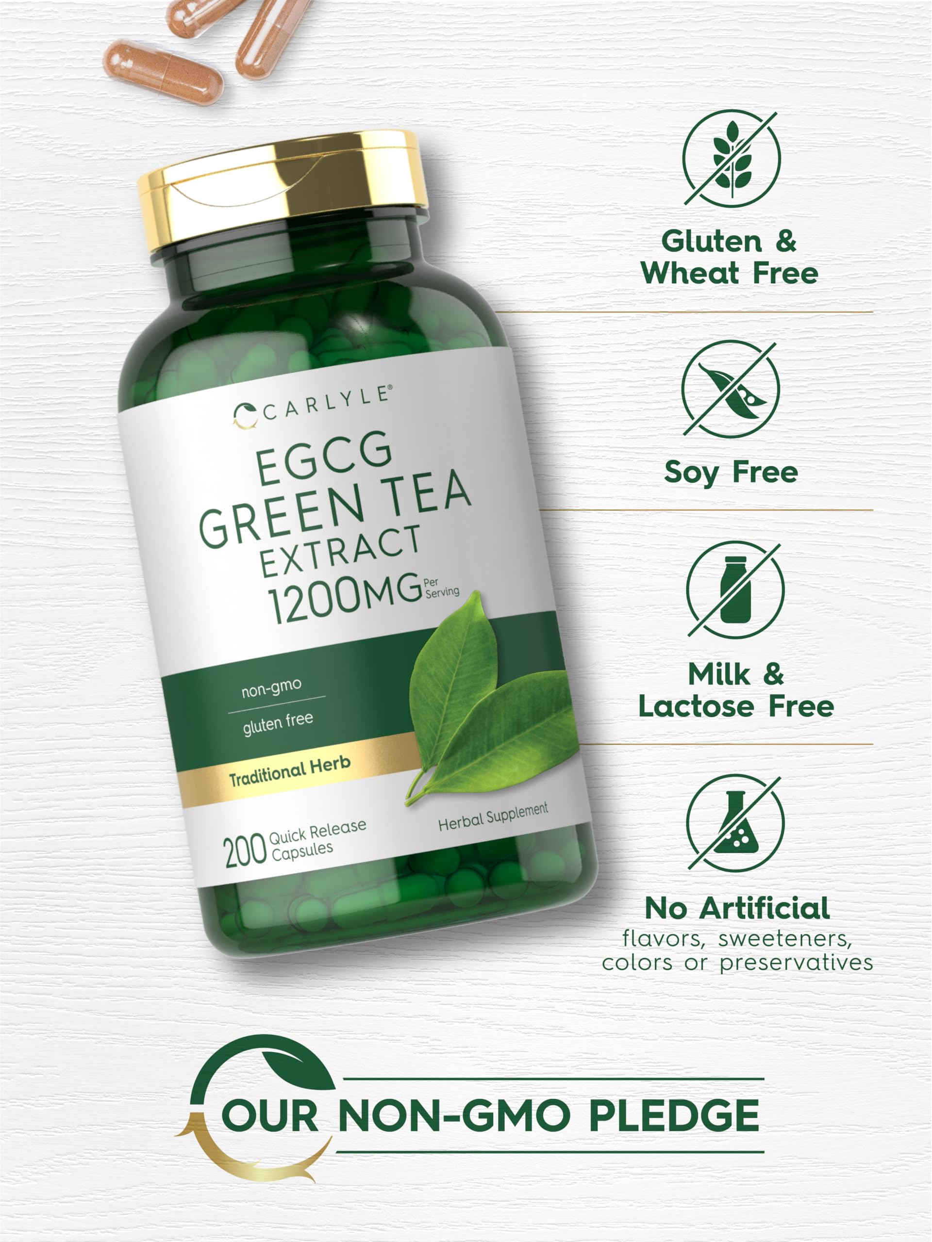 Close up of Carlyle EGCG green tea extract quick-release capsules