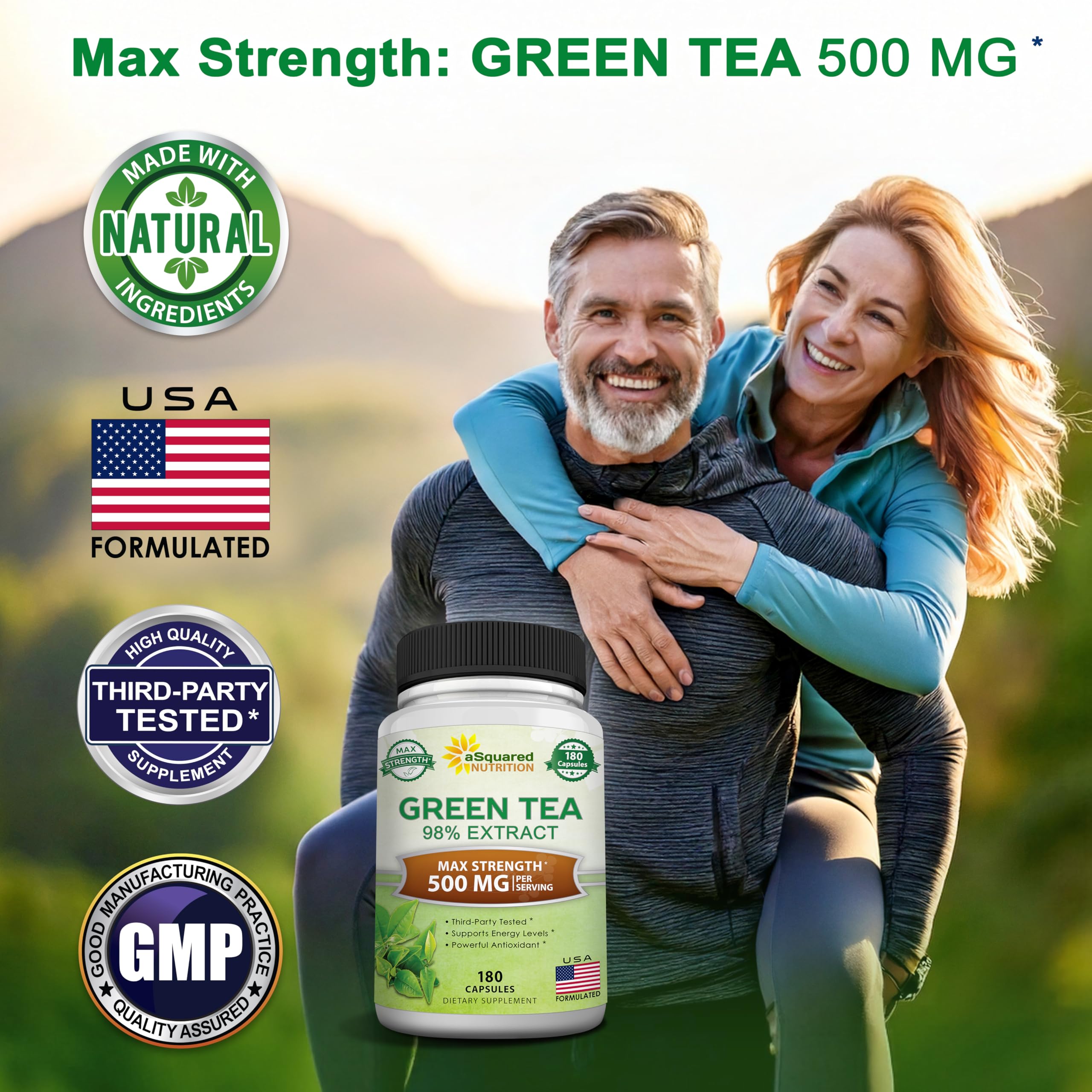 ASquared Nutrition Green Tea Extract bottle side view showing supplement facts
