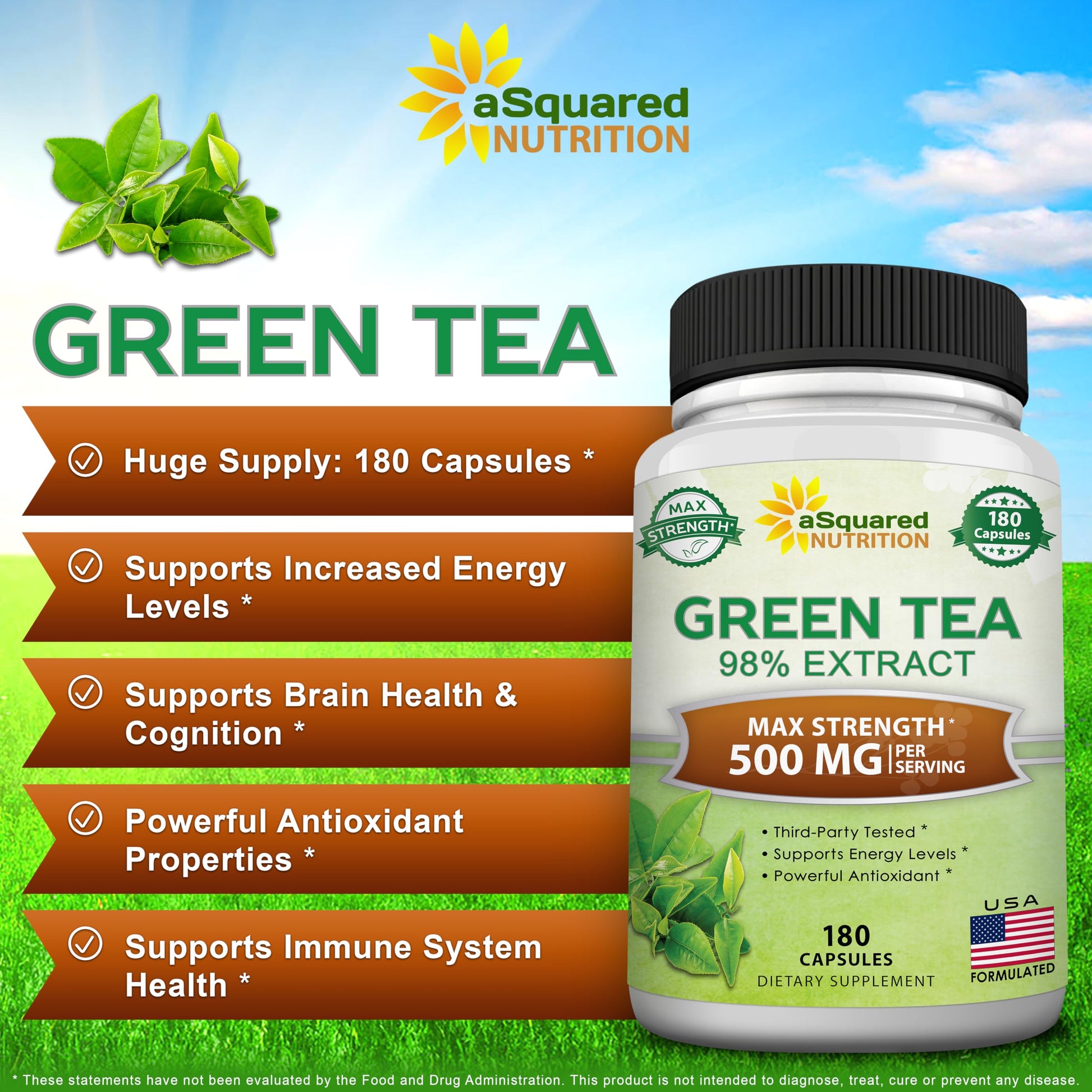 Close up of ASquared Nutrition green tea capsules texture