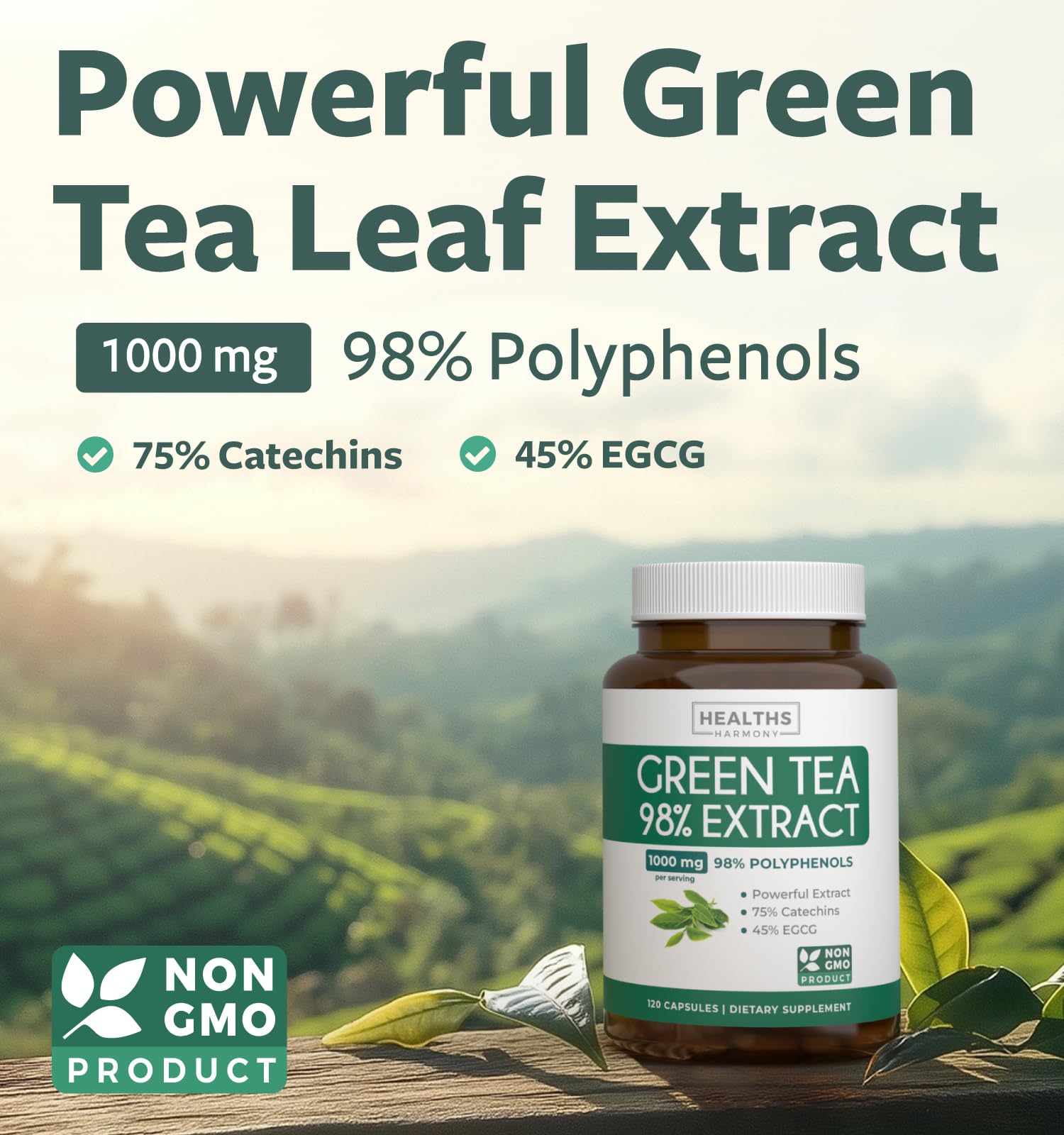 Healths Harmony Green Tea Extract supplement label details