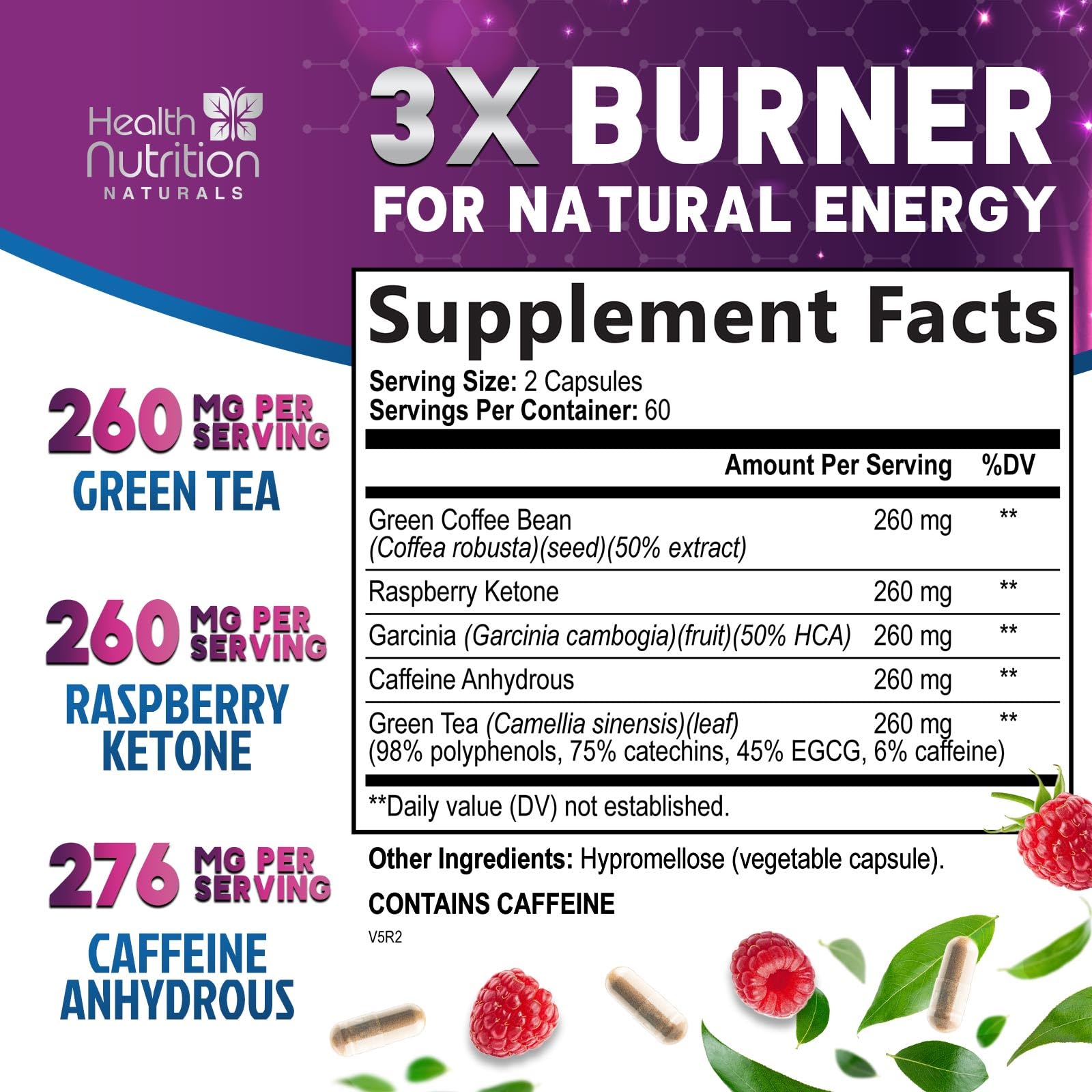 Health Nutrition Naturals Green Tea Extract capsules supplement label details