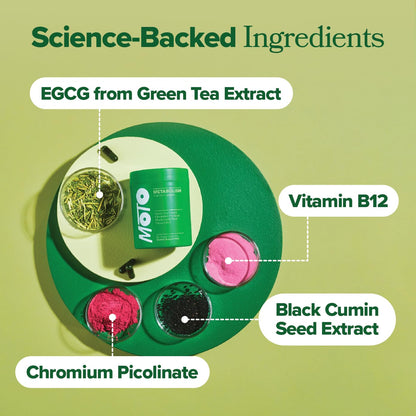 Side view of O Positiv Moto supplement bottle showing ingredients