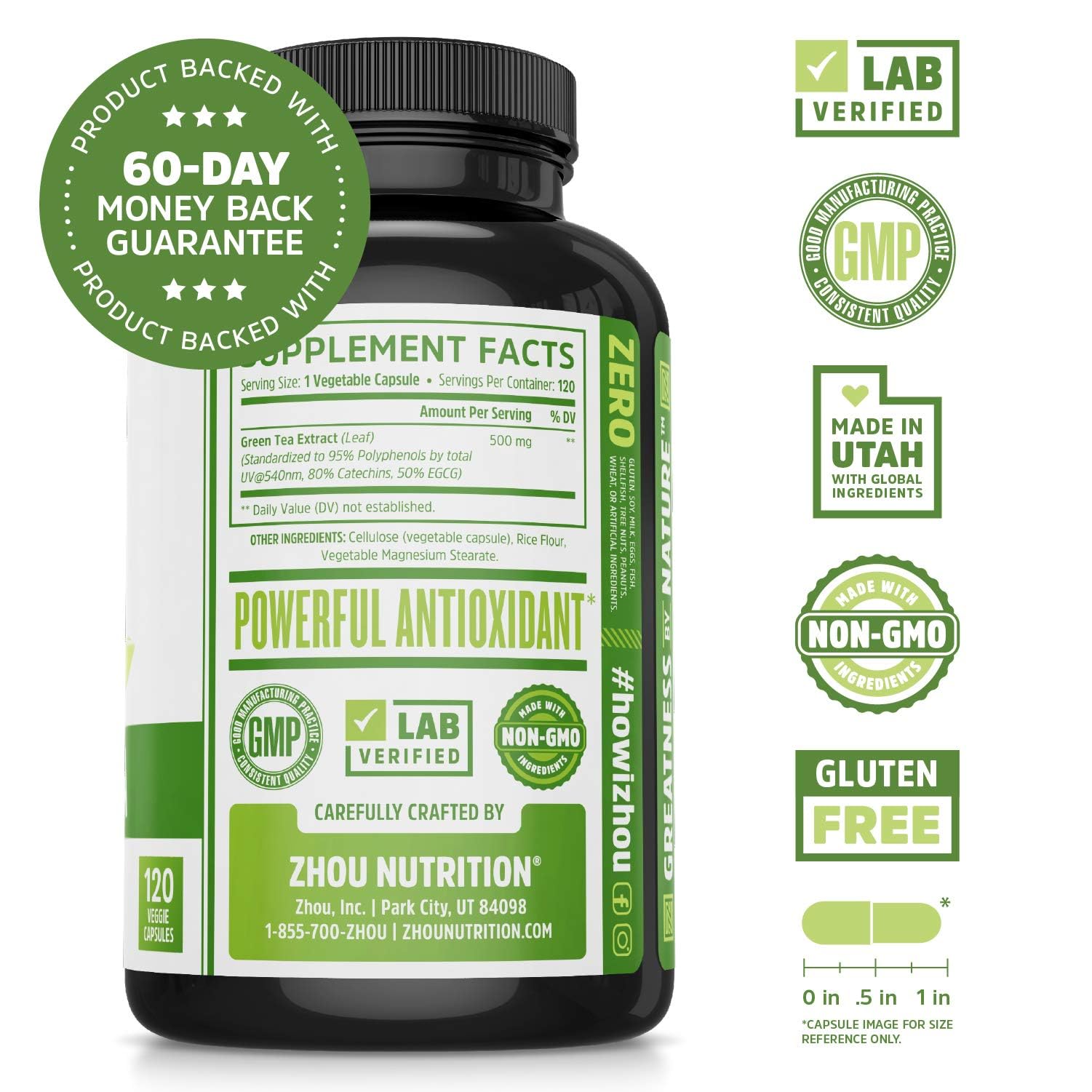 Zhou Nutrition green tea extract 120 capsules label