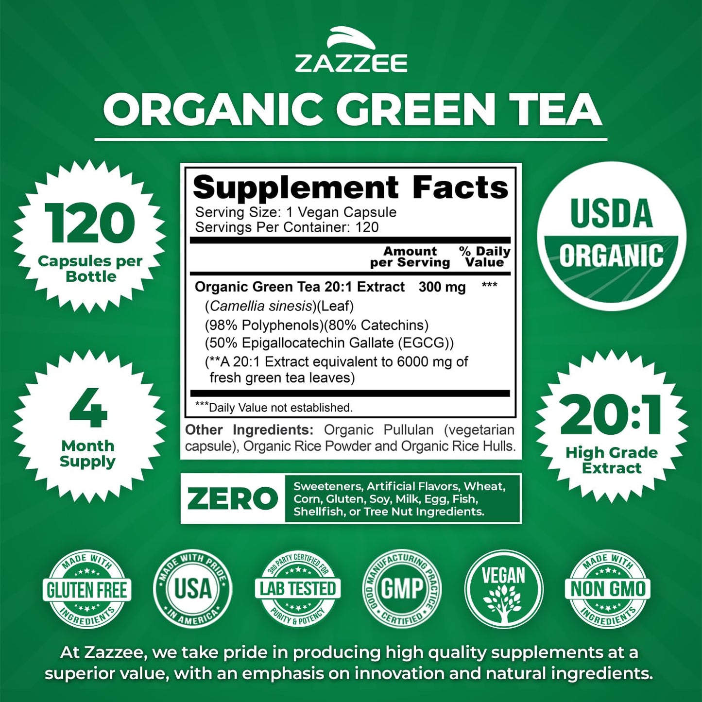 Zazzee USDA Organic green tea extract capsules side view