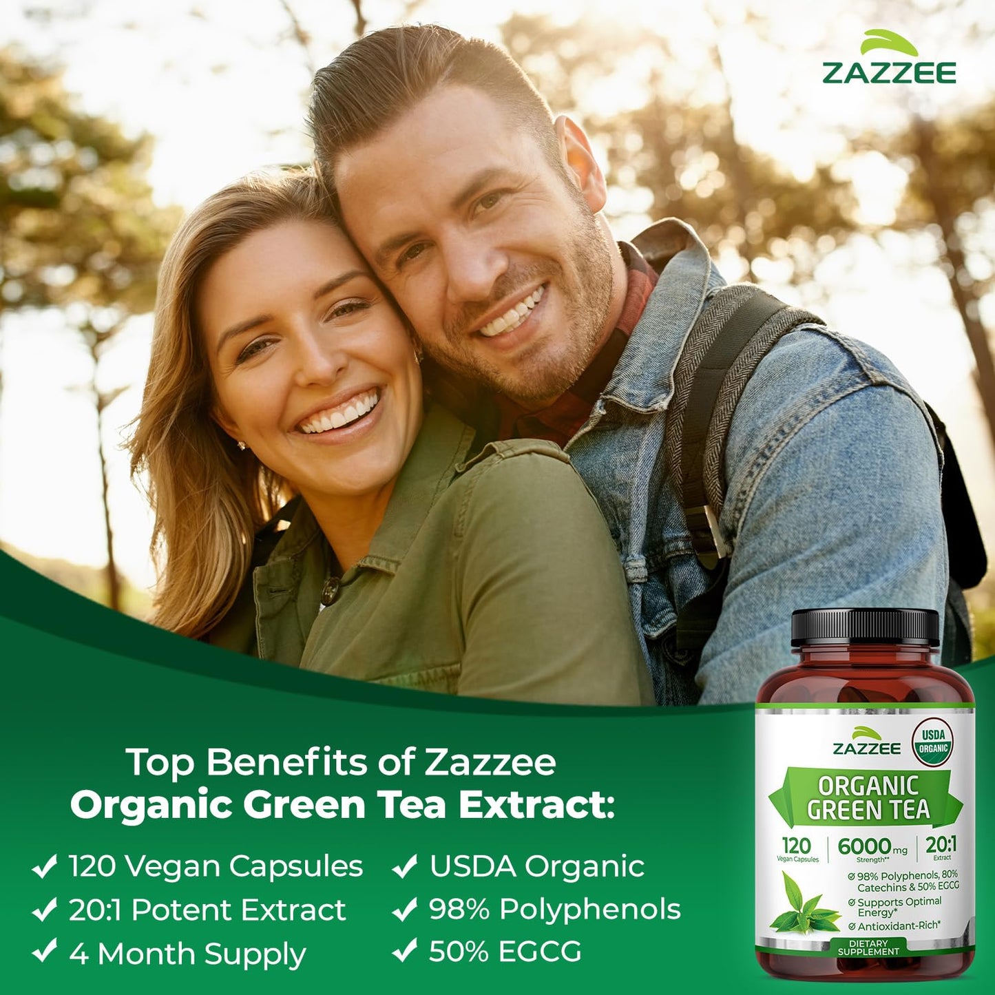 Close up of Zazzee green tea extract supplement facts label