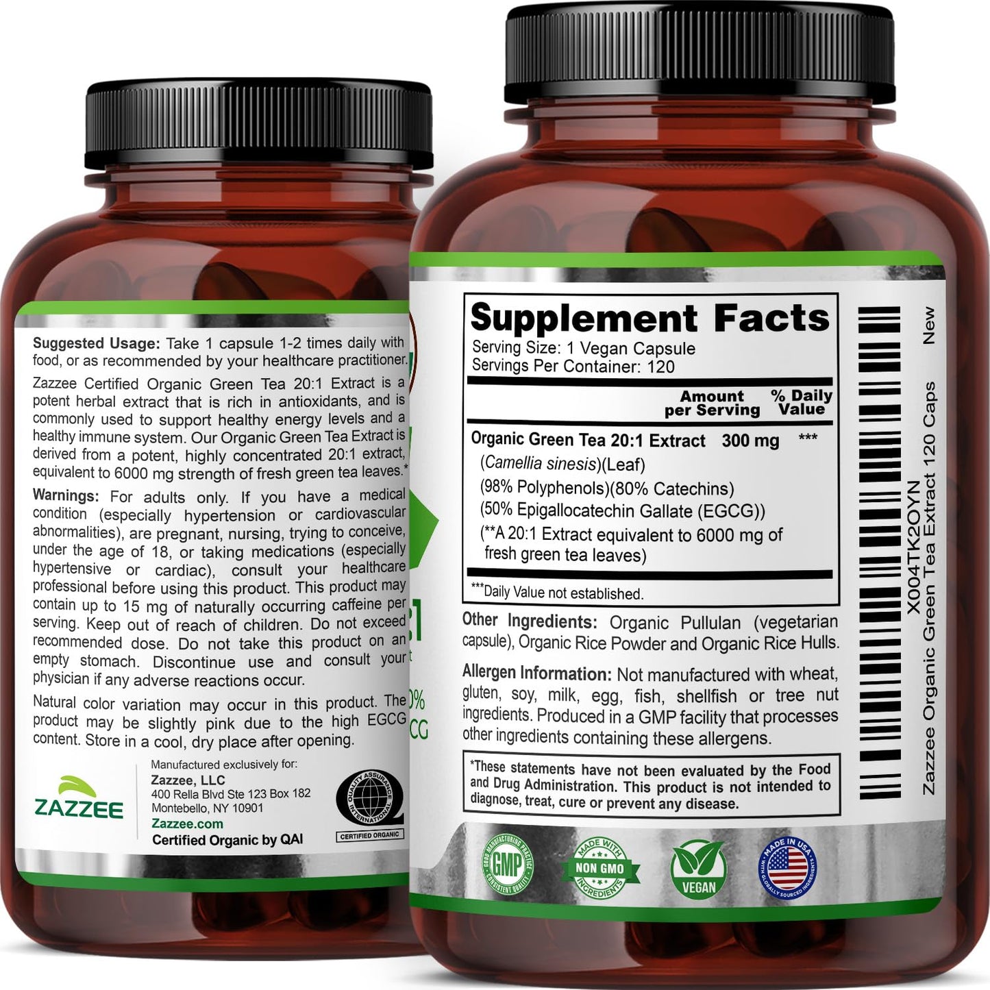 Zazzee organic green tea extract bottle with cap closed
