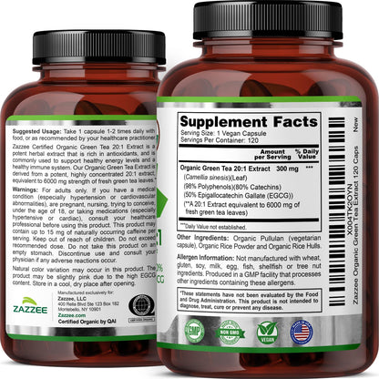 Zazzee organic green tea extract bottle with cap closed