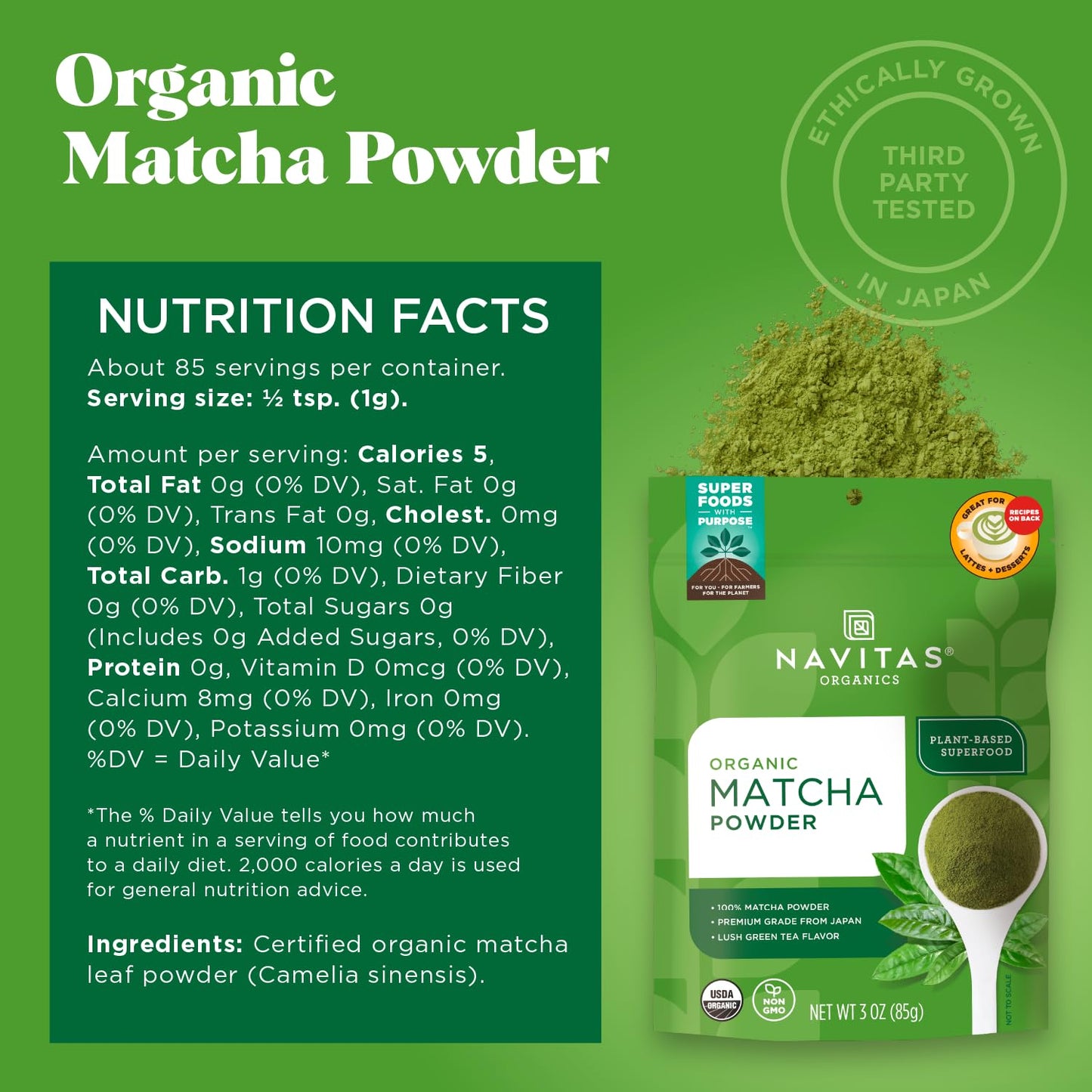 Navitas Organics matcha powder mixed in a green tea latte