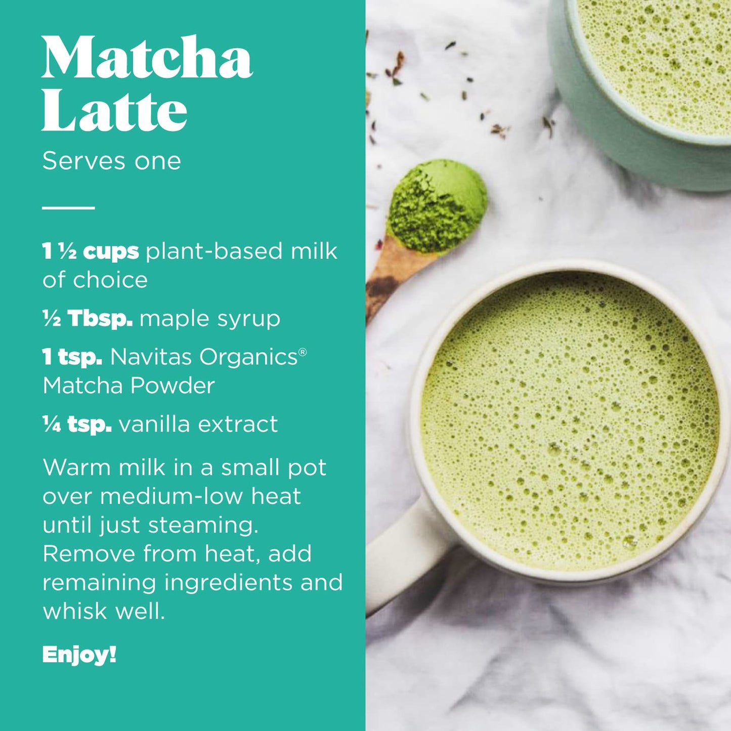 Back label of Navitas Organics matcha showing ingredients and certifications