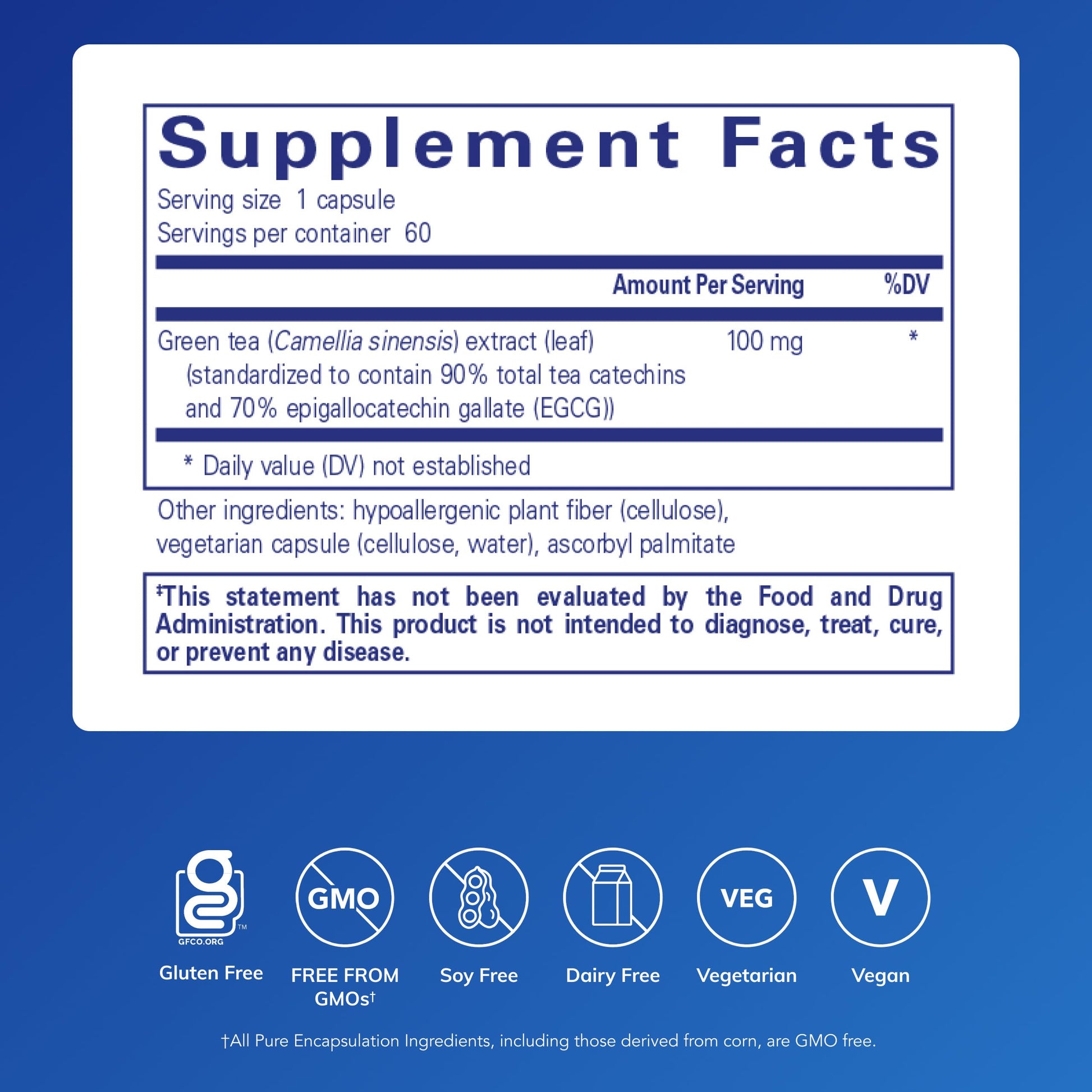 Pure Encapsulations Green Tea Extract supplement facts label