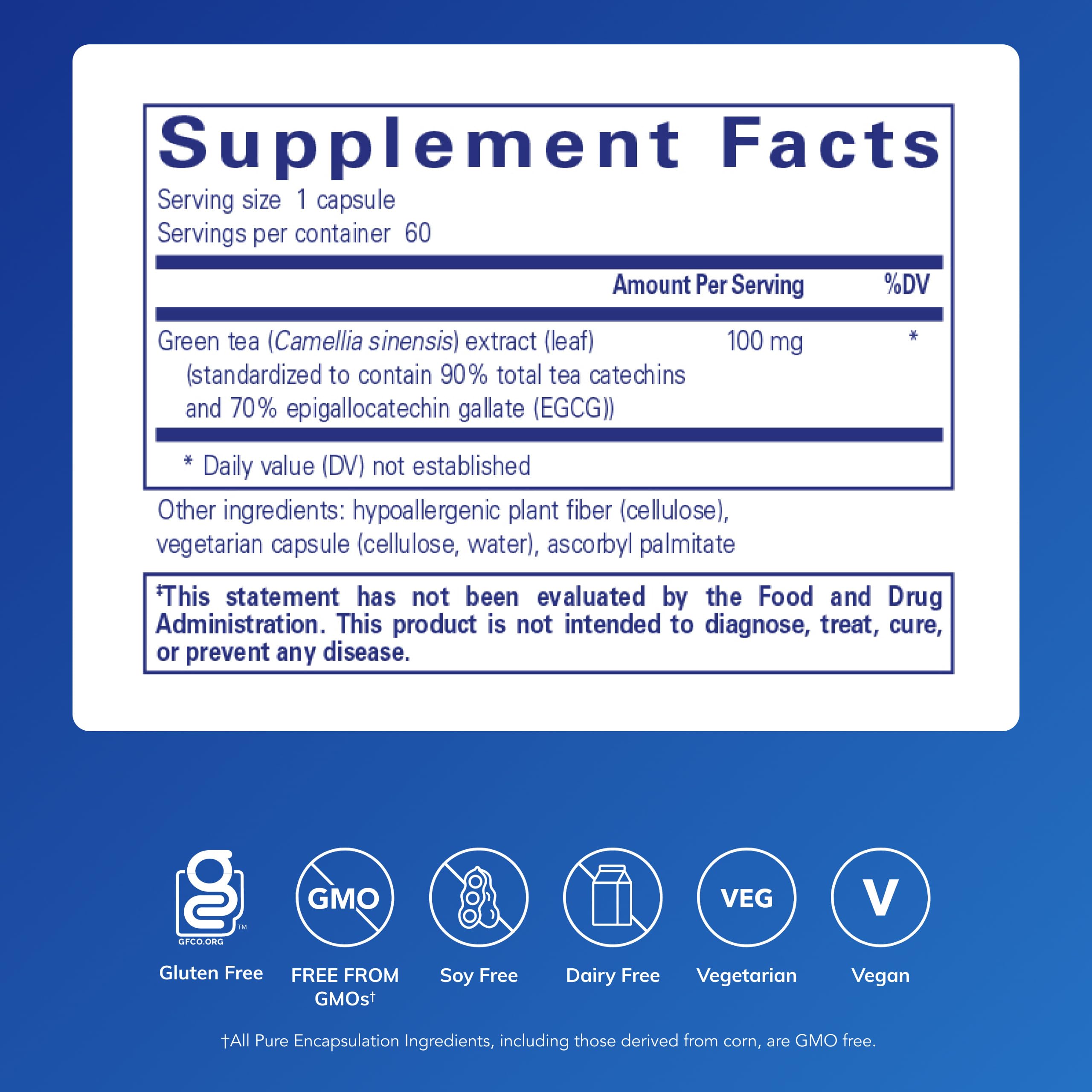 Pure Encapsulations Green Tea Extract supplement facts label
