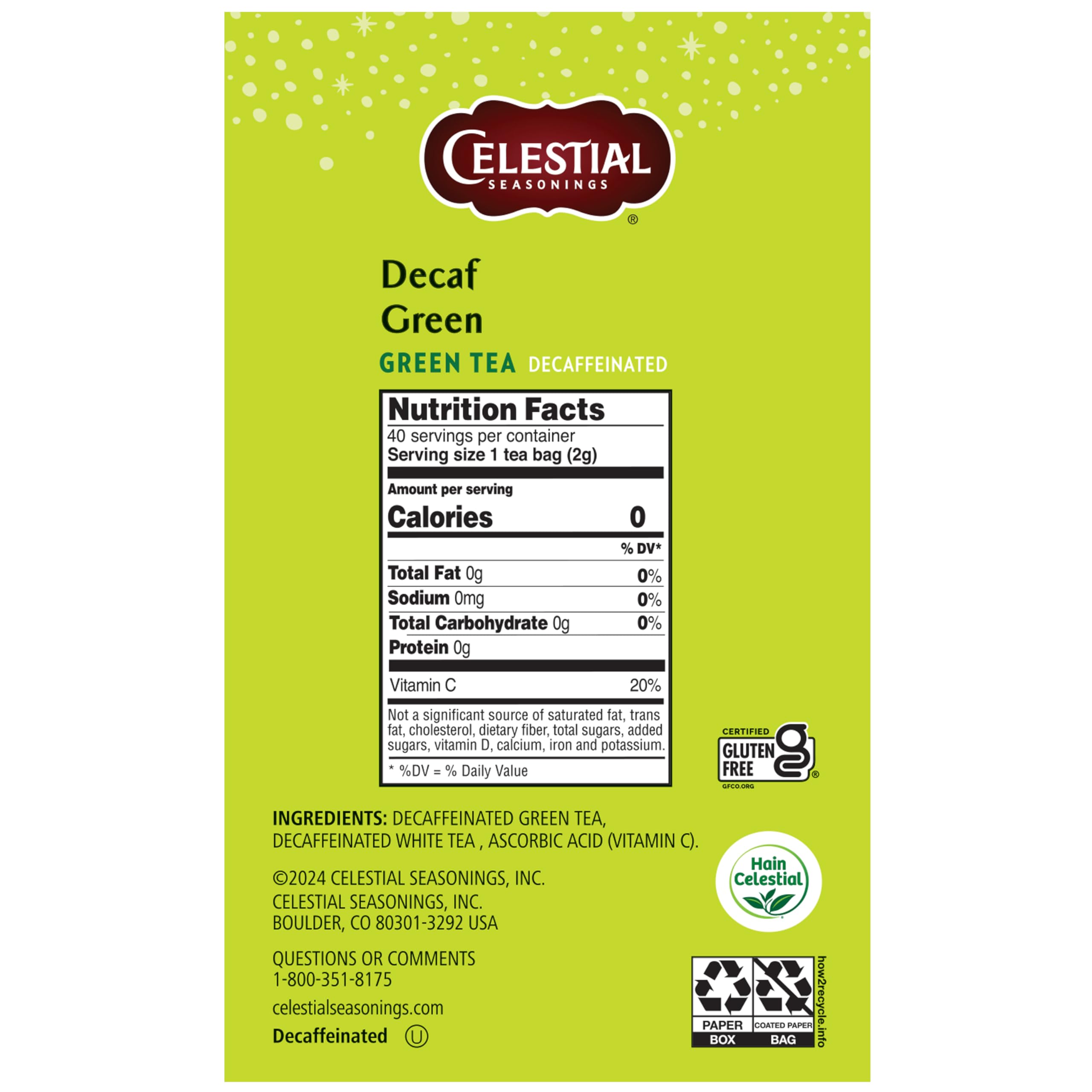 Side view of Celestial Seasonings decaffeinated green tea box