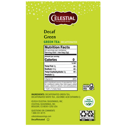 Side view of Celestial Seasonings decaffeinated green tea box