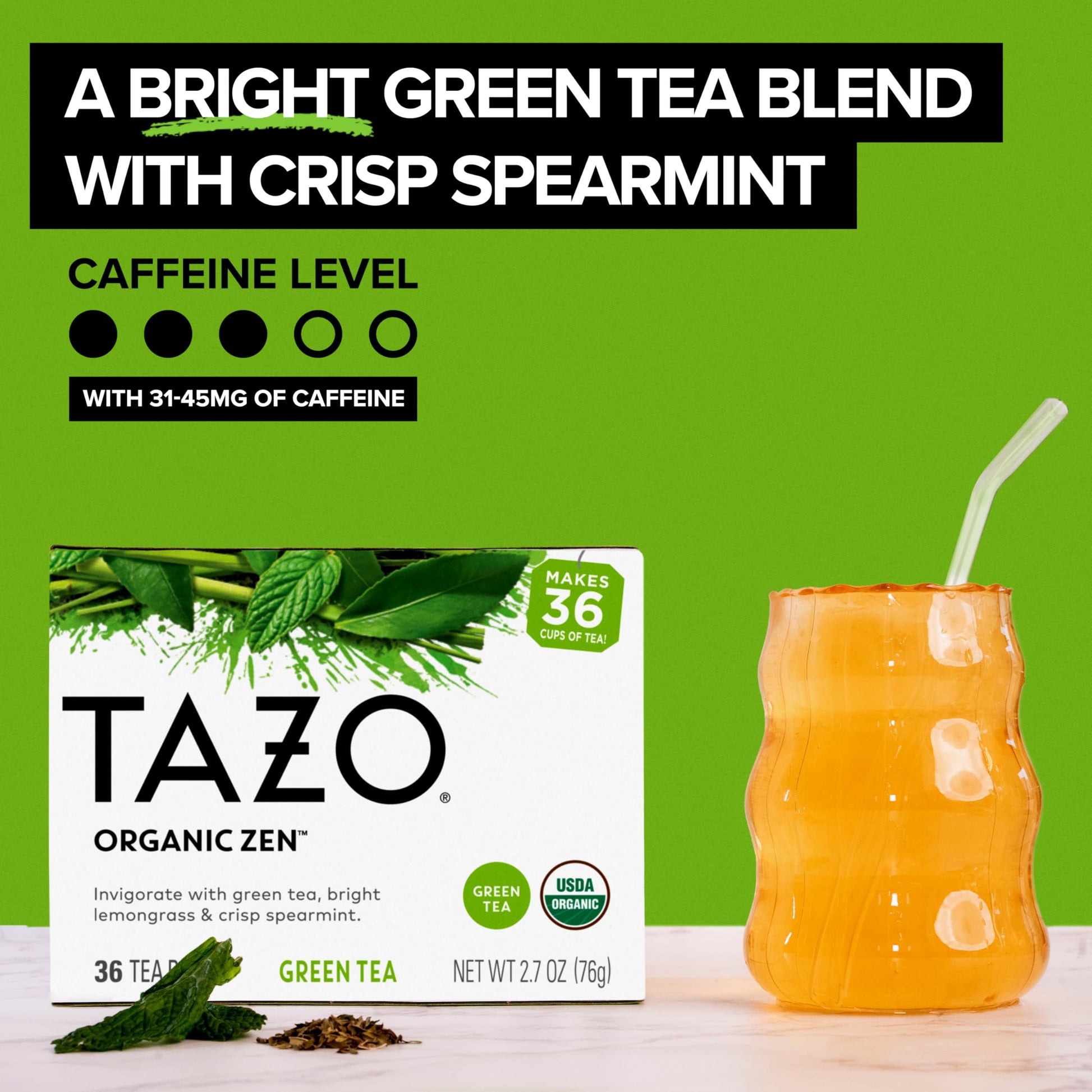 Cup of Tazo Organic Zen green tea with fresh mint