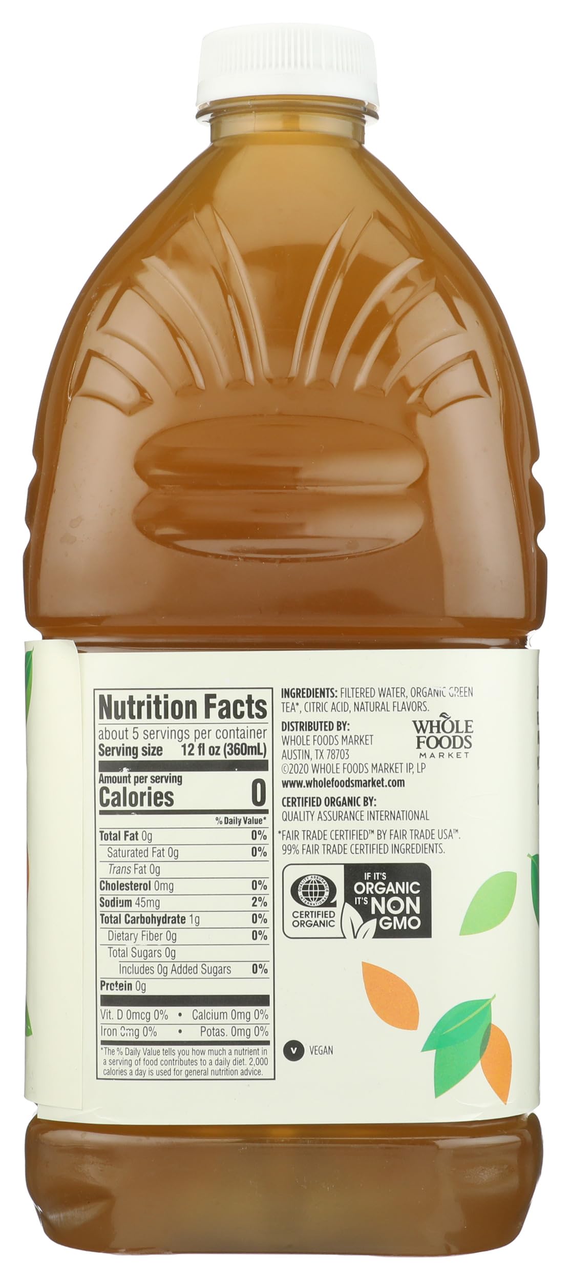 Organic unsweetened green tea 64 fluid ounce bottle label
