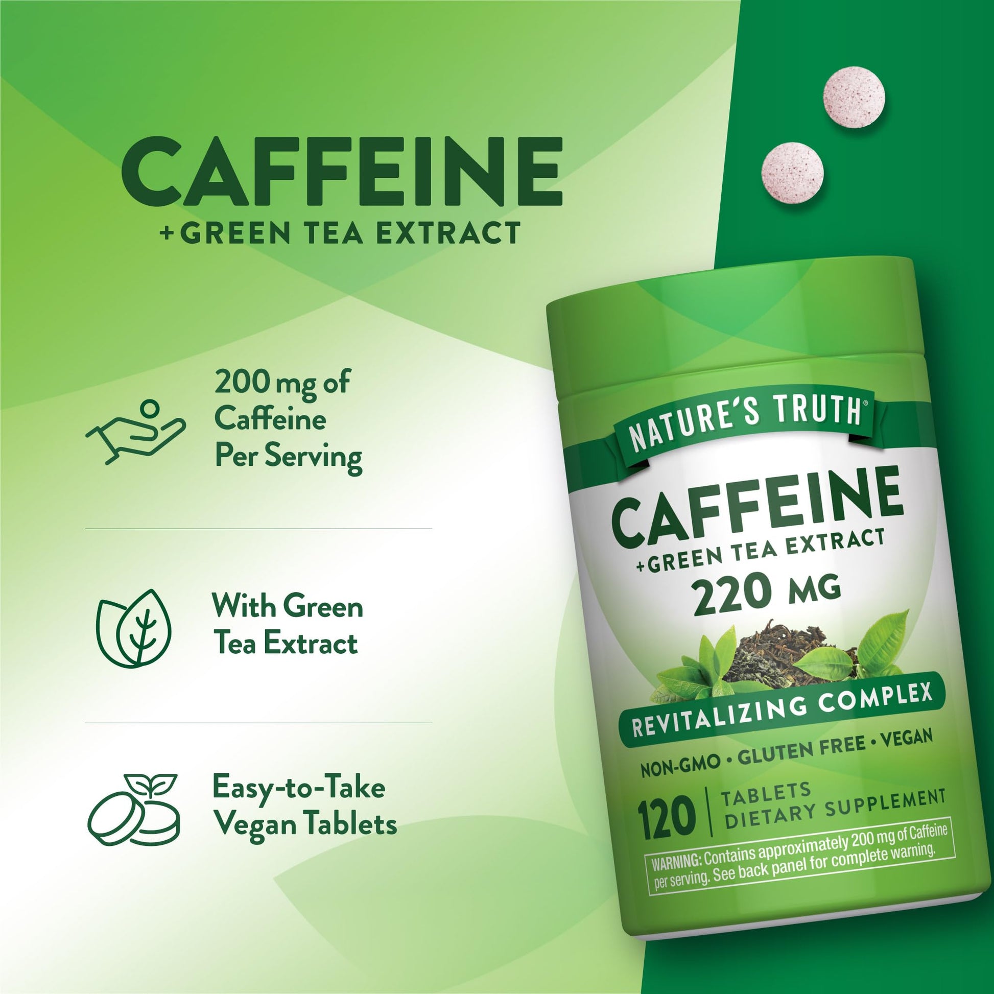 Close up of Nature's Truth caffeine and green tea extract bottle