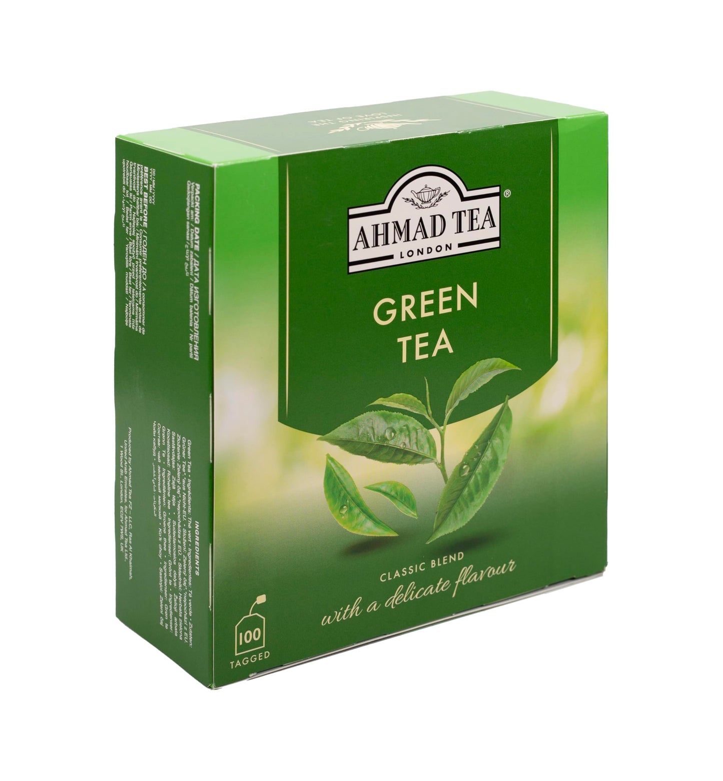 Back of Ahmad Tea box showing preparation instructions