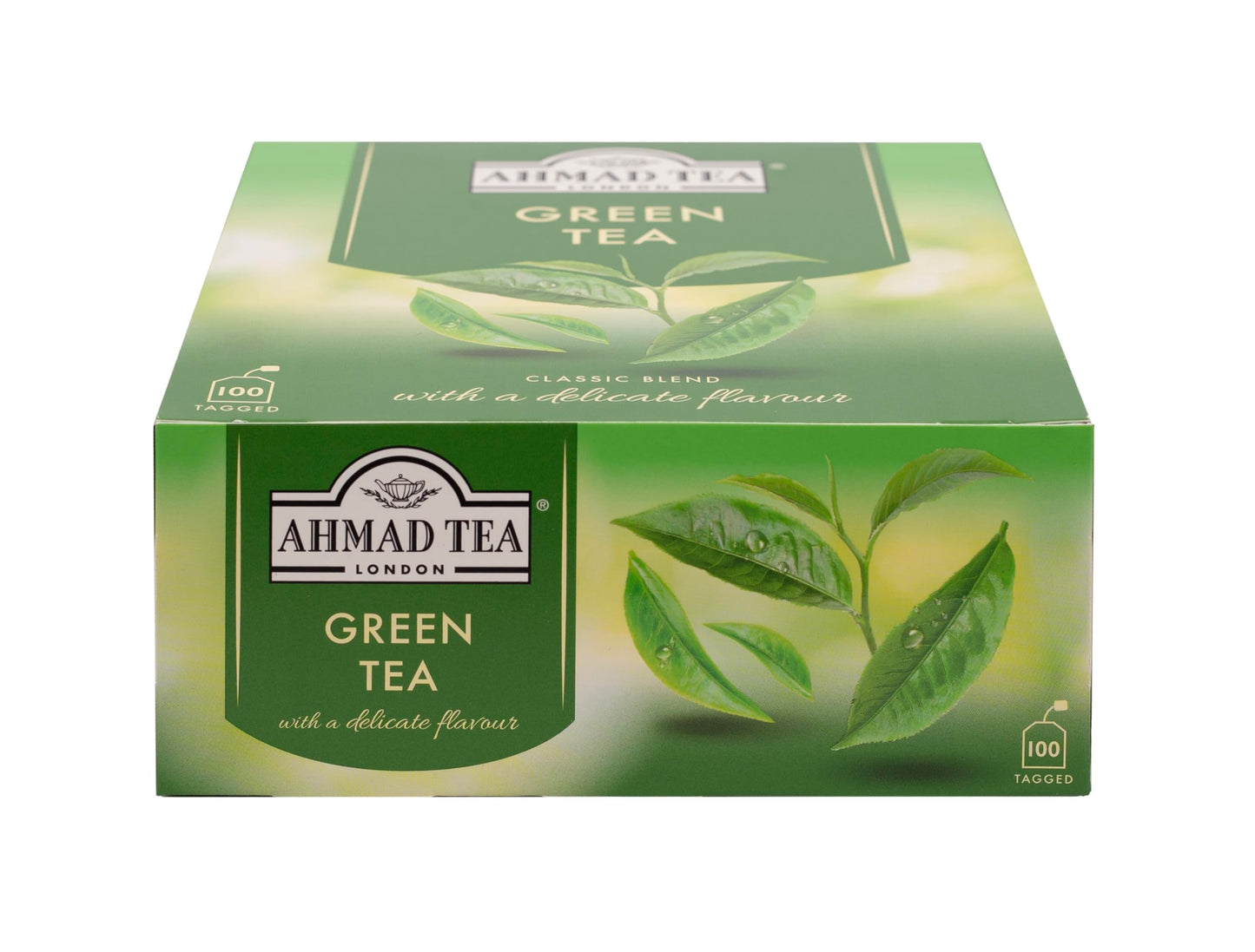 Close up of Ahmad Tea individually tagged green teabags