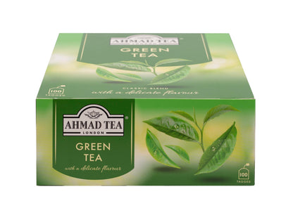 Close up of Ahmad Tea individually tagged green teabags