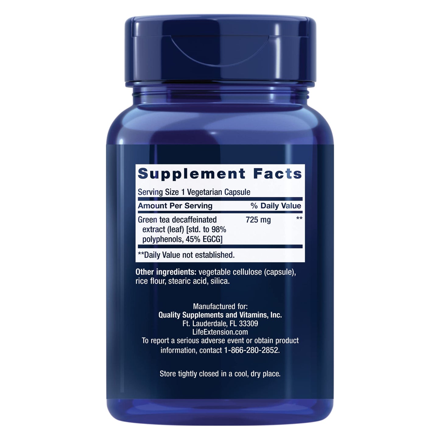 Life Extension green tea supplement bottle side view showing ingredients