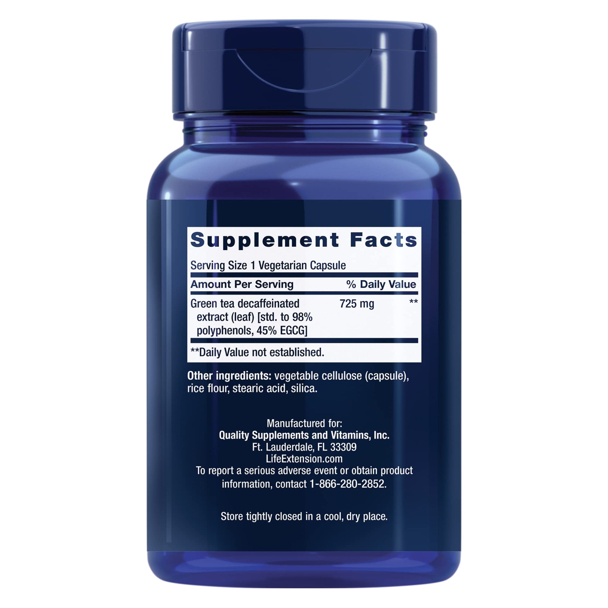 Life Extension green tea supplement bottle side view showing ingredients