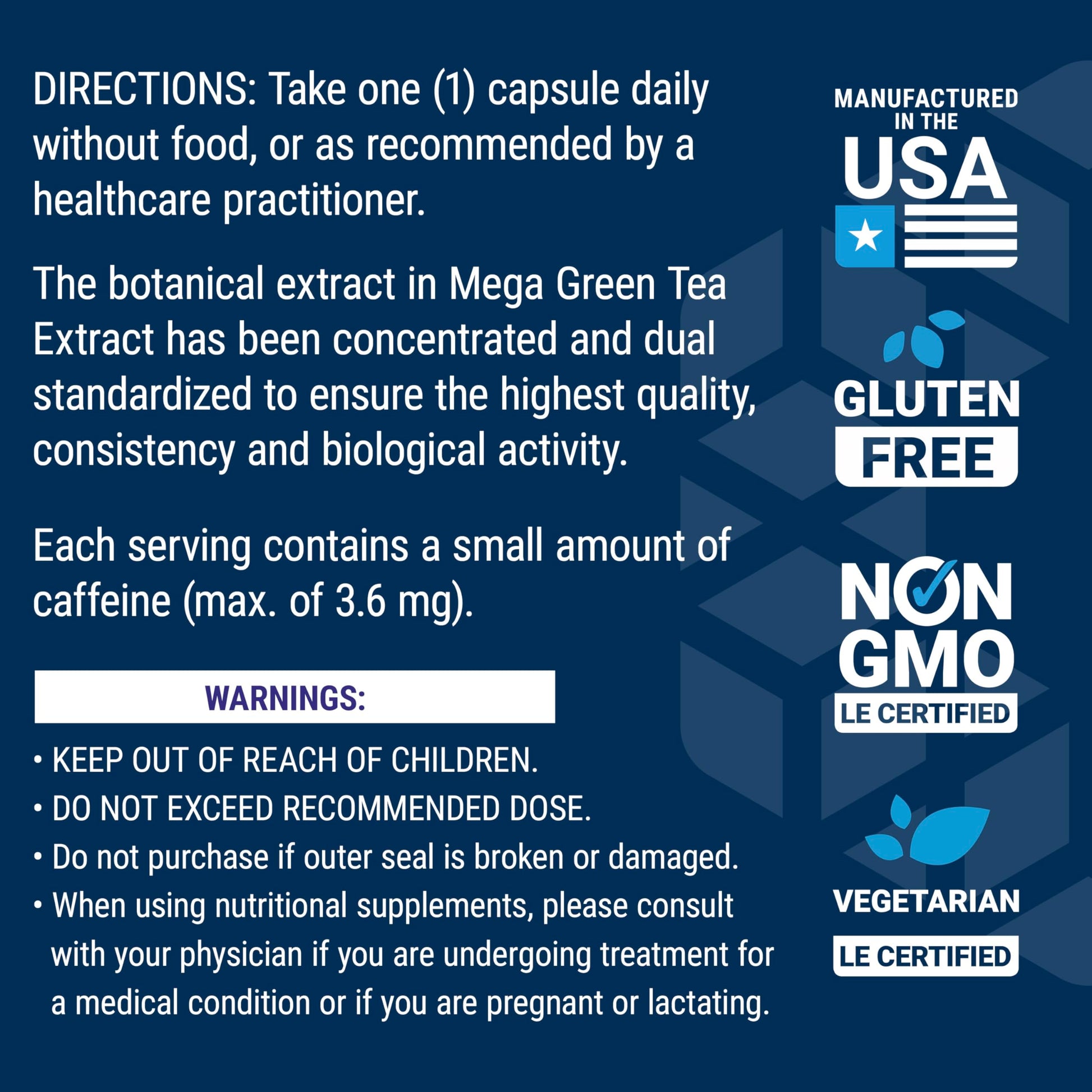 Rear view of Life Extension Mega Green Tea supplement label