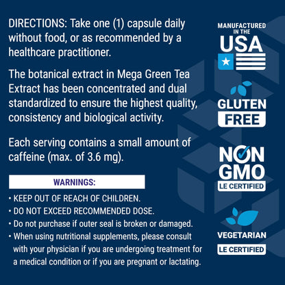 Rear view of Life Extension Mega Green Tea supplement label