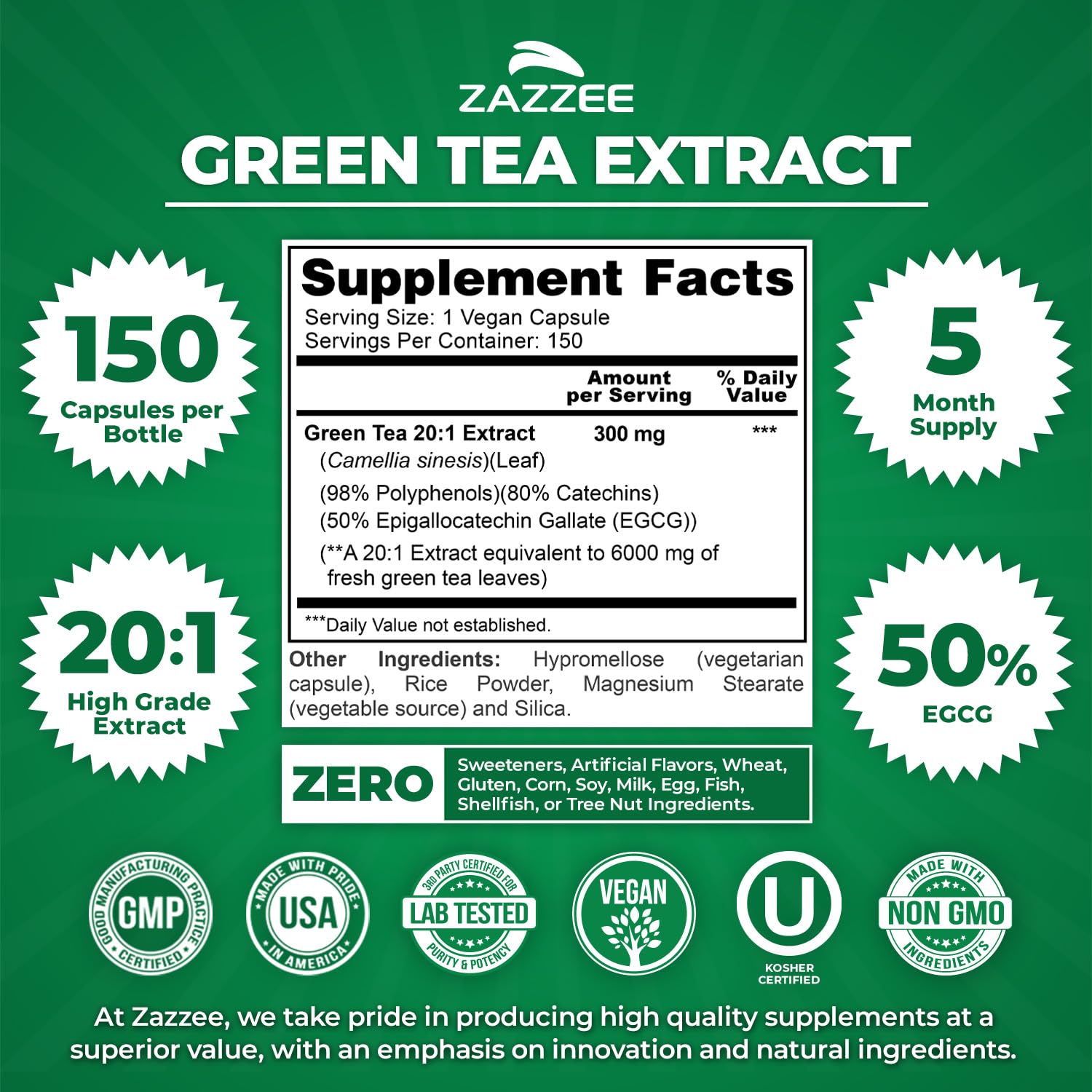 Zazzee green tea extract label detailing 50 percent EGCG