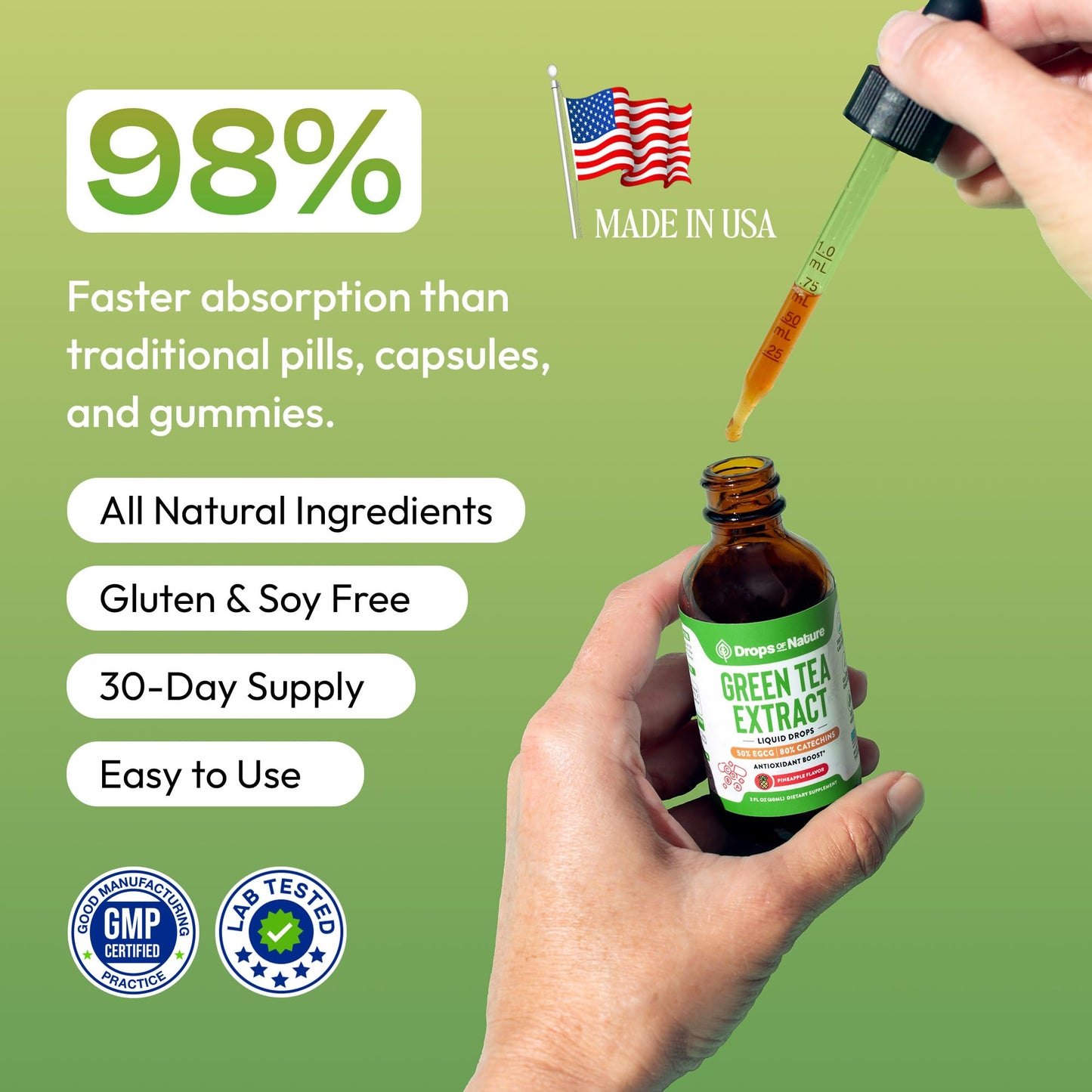 Liquid green tea antioxidant supplement dropper application