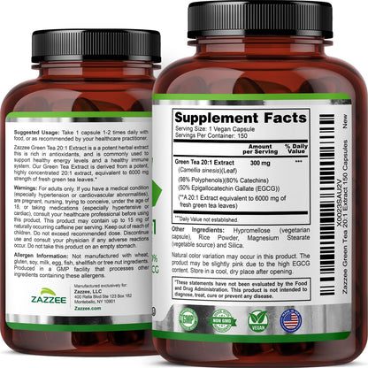 Premium Zazzee green tea antioxidant supplement packaging