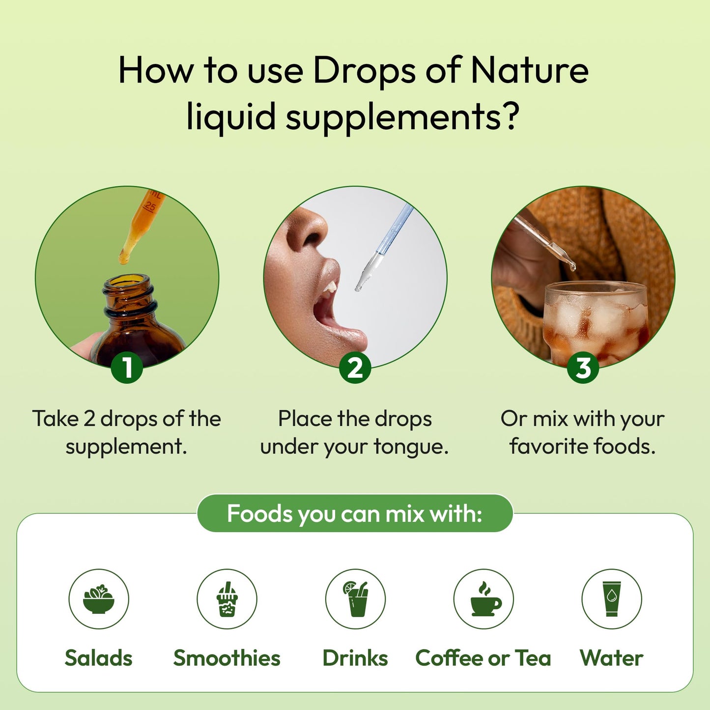 Close up of Drops Of Nature liquid green tea dropper