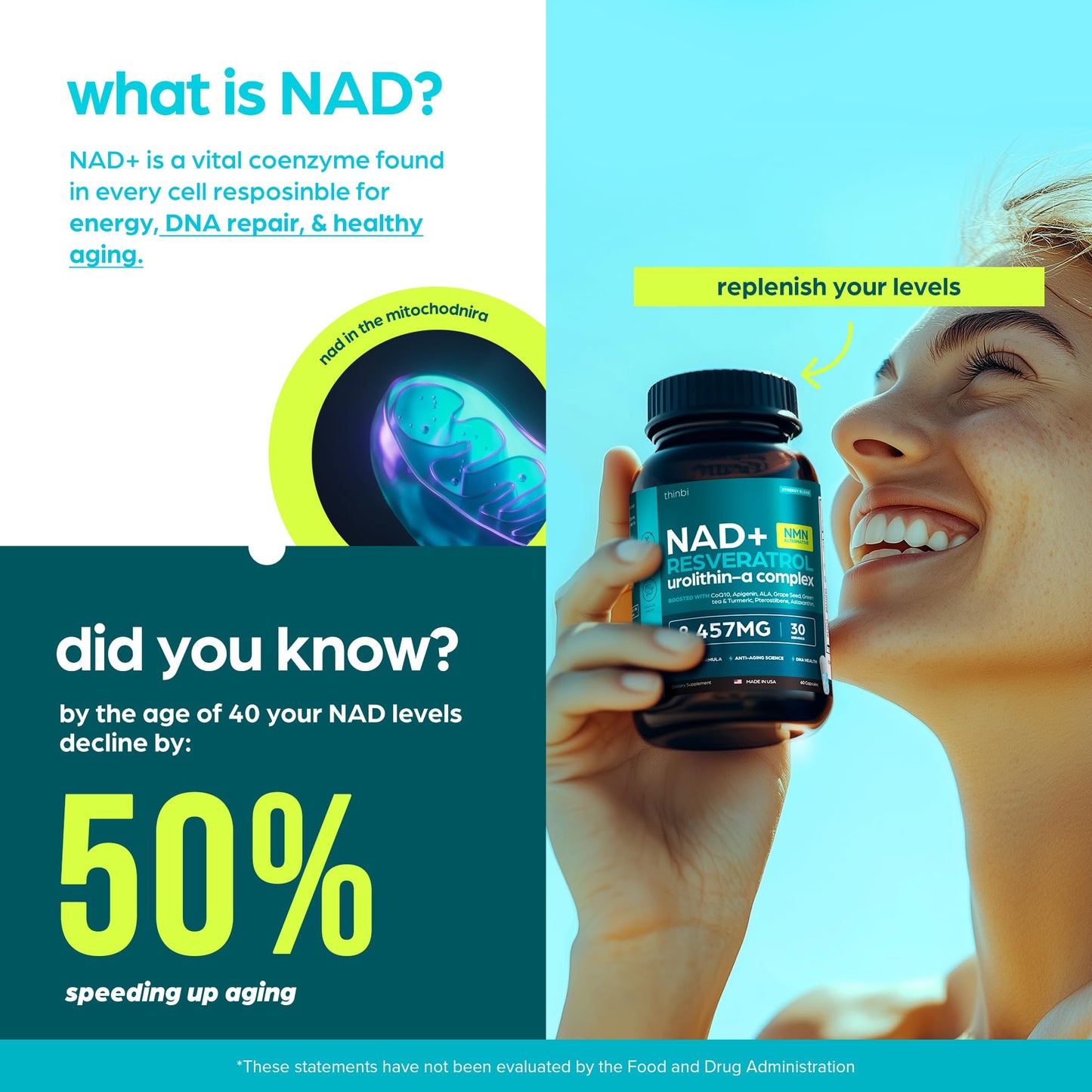 Artnaturals NAD supplement bottle showing cellular support benefits