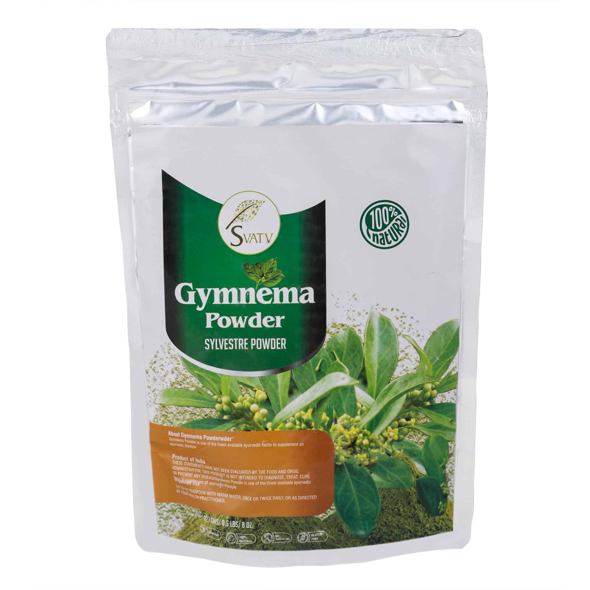 SVATV Gurmar herbal supplement bag showing organic certification details