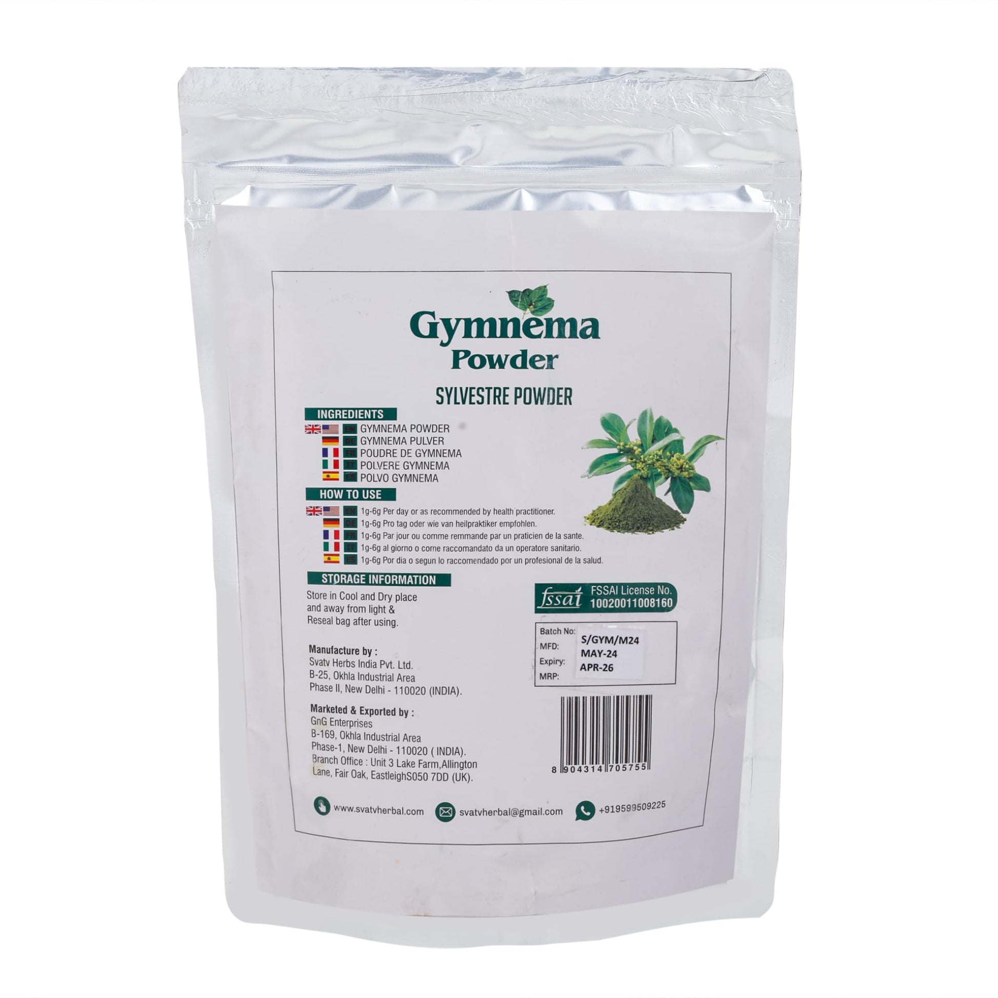 Back label of SVATV Gymnema Sylvestre powder with serving size instructions